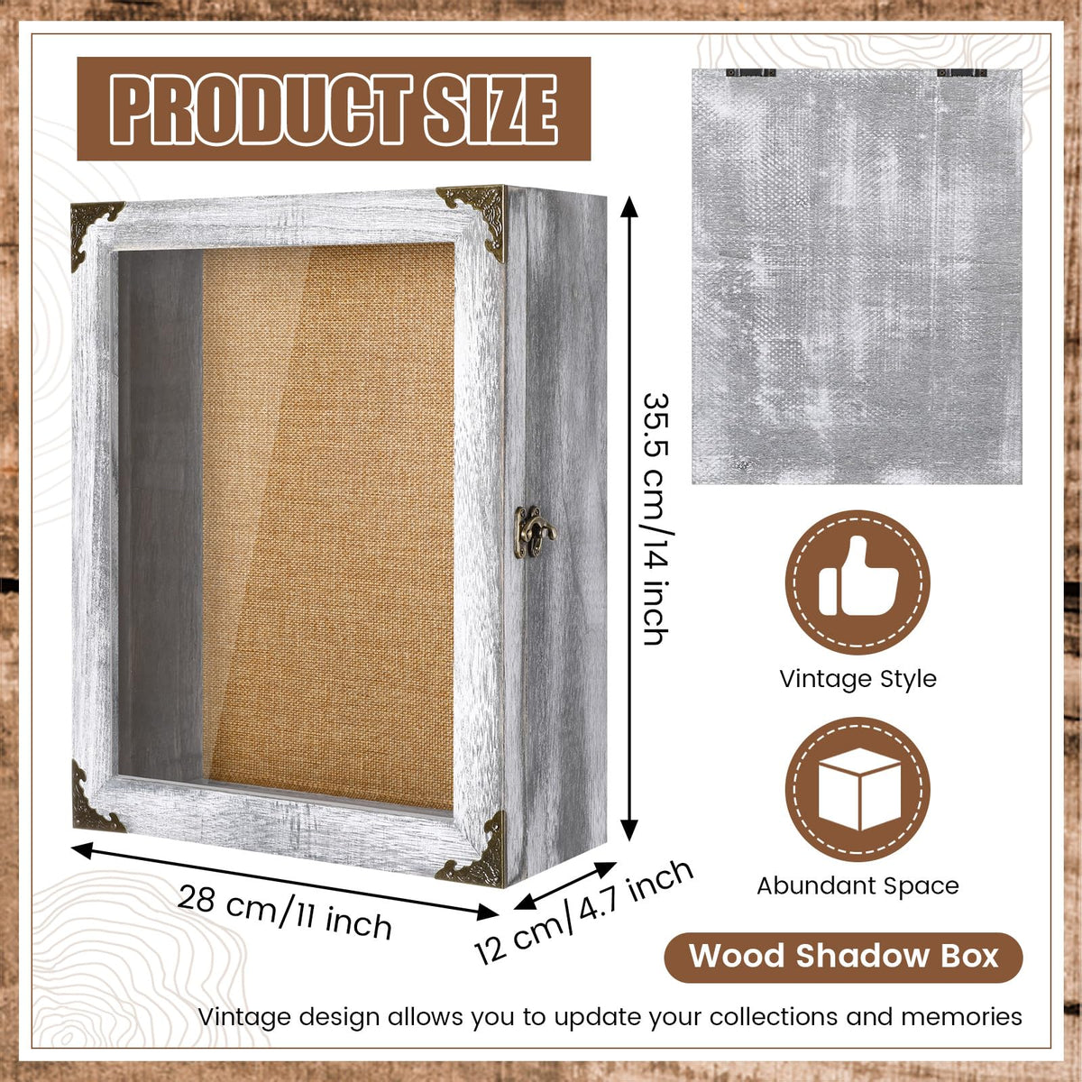 Cinnvoice 11x14 Inch Shadow Box Depth 4.7in Shadow Boxes Display Cases with Cork Board Backing Rustic Burnt Wood Box for Flowers Bouquet Wedding Picture Photo and Keepsake(Grey)