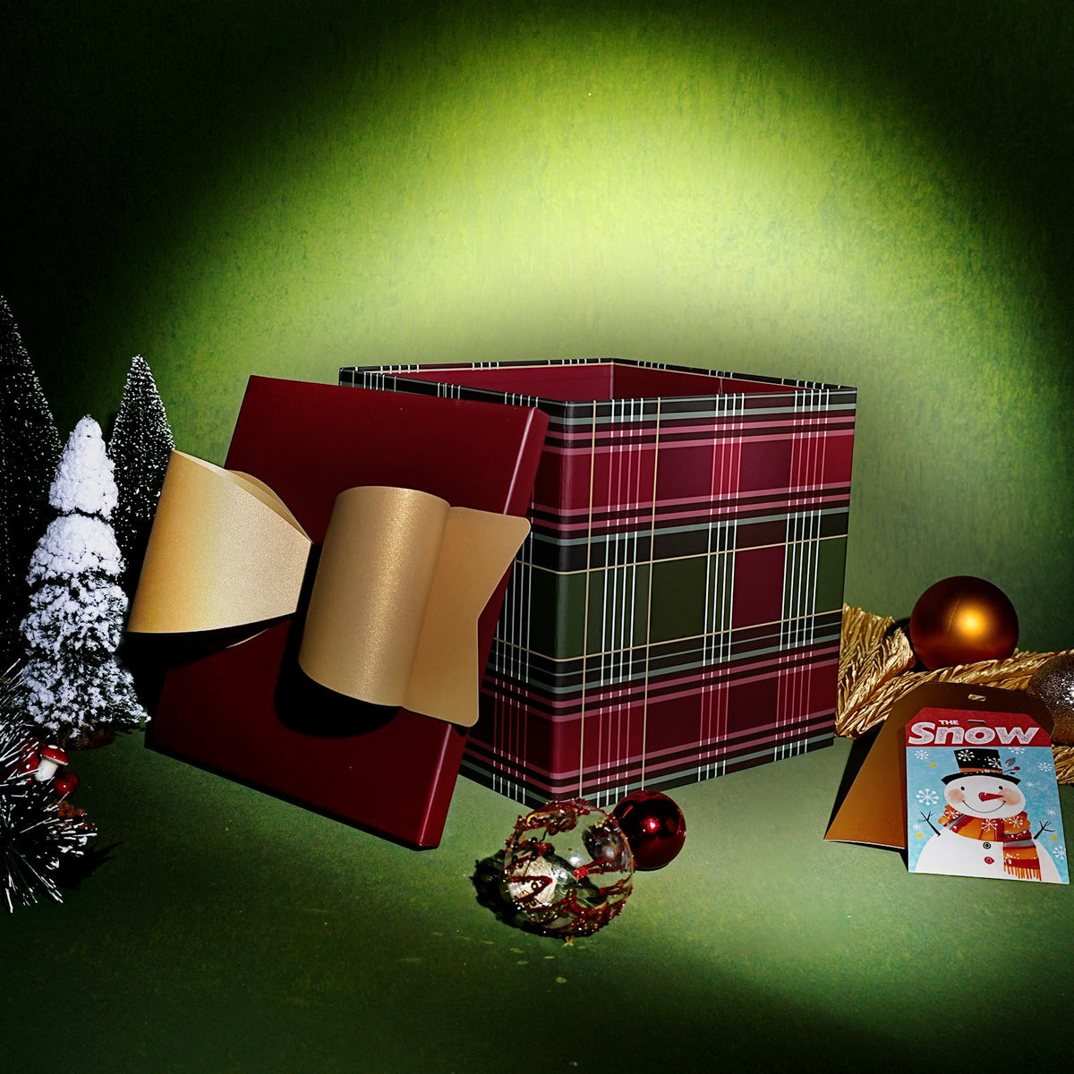 BIOBROWN Medium Christmas Gift Boxes with Lids for Presents, 9x9x9 Inches Red and Green Tartan Plaid Design Collapsible Gift Box for Xmas, Party, Holiday