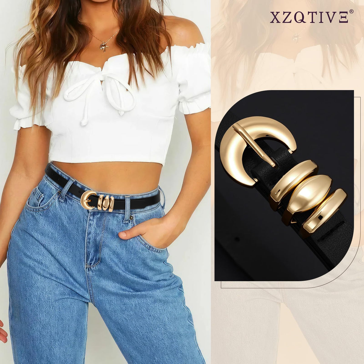 XZQTIVE 2 Pack 0.71'' Womens Skinny Leather Belts for Ladies Thin Waist Belt for Jeans Dress Pants with Fashion Gold Buckle, Black/Brown, Fits Pant Sizes 33-37 inch