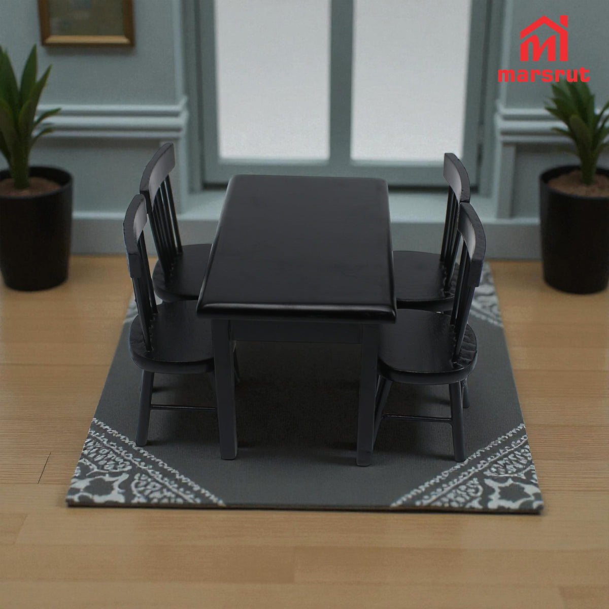 Miniature Dining Table and Chairs Set 5pcs – 1:12 Scale Dollhouse Room Furniture Kitchen Mini Wooden Chair Accessories, Model Accessory Decoration for Doll House DIY Hobby, Black