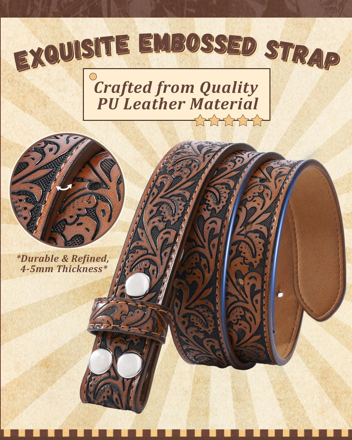 AWAYTR Kids Western Belt with Detachable Buckle - PU Leather, 3 Sizes (23"-34.5"), Adjustable for Daily Wear & Halloween (Horse Buckle-Dark Brown, Fit Waist: 30.5"-35")