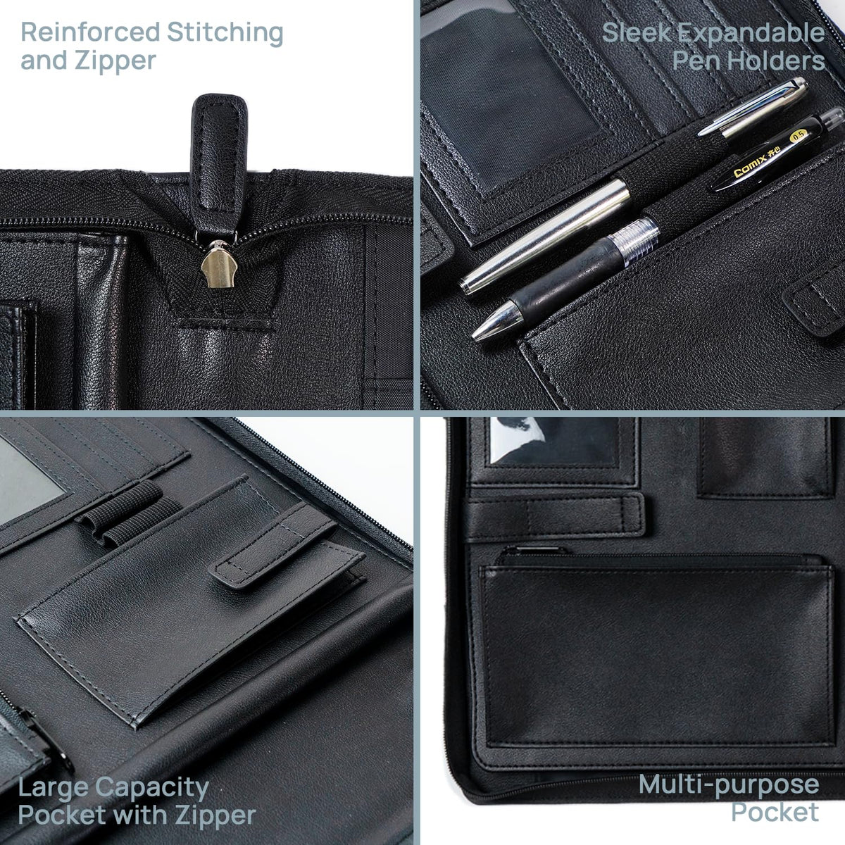 POPRUN Professional Zippered Portfolio Binder - Leather Padfolio Organizer with Notepad, Tablet Sleeve & Handles for Business, Meetings, Interviews, and Daily Office Use, Black