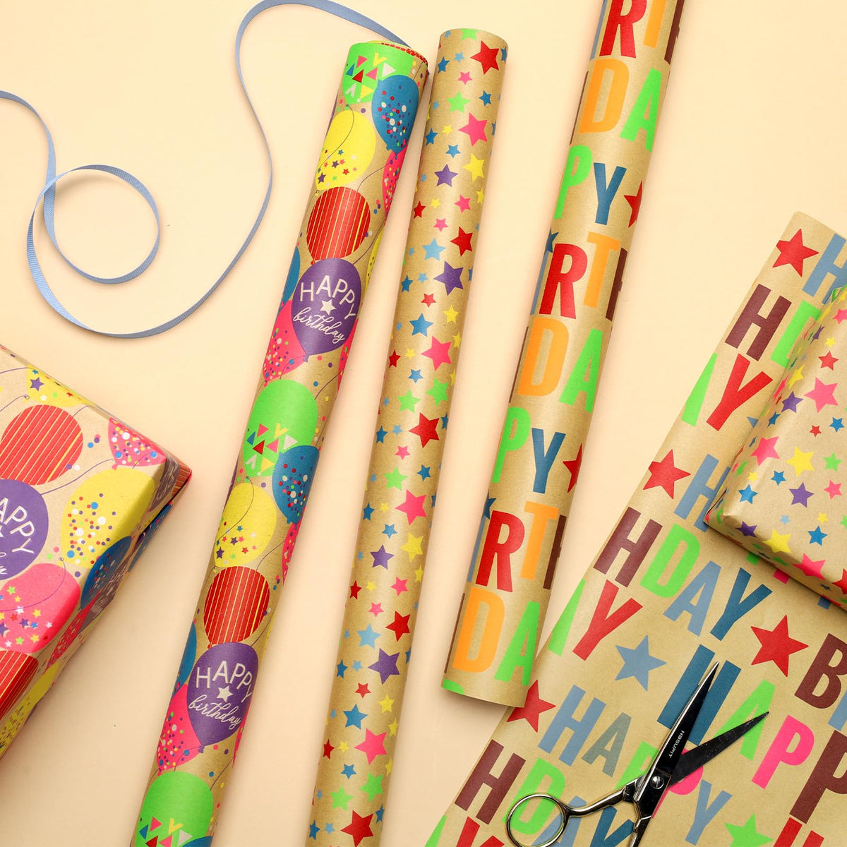 BIOBROWN Kraft Birthday Wrapping Paper - Mini Roll - 17 inch X 120 inch Per Roll - Colorful Text Happy Birthday Balloon Star Design for Party, Baby Shower, Holiday