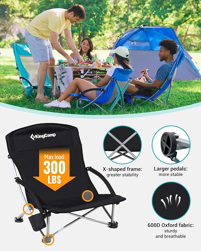 KingCamp Low Beach Chairs, Portable Folding Chair for Adults Extra Wide Ergonomic High Back Seat 300lbs Heavy Duty Lightweight Oversized Gear with Carry Bag for Outdoor Lawn Camping Picnic