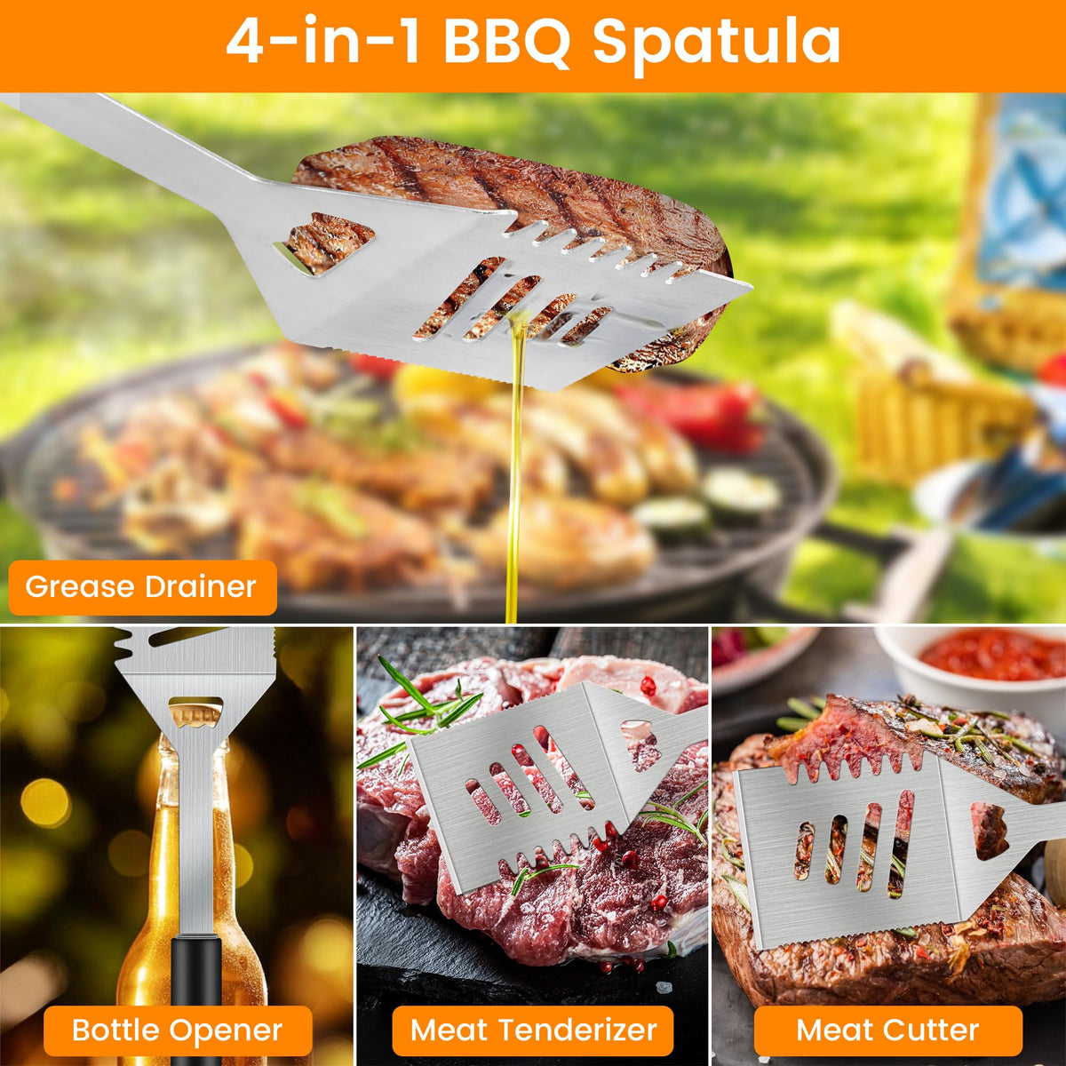 Grill Accessories Kit, Grill Tool Set with 4-in-1 BBQ Spatula, Fork, Tongs, Cleaner Brush, Skewers, Silicone Corn Holders, Silicone Brush, Grilling Gift Set for Men and Women