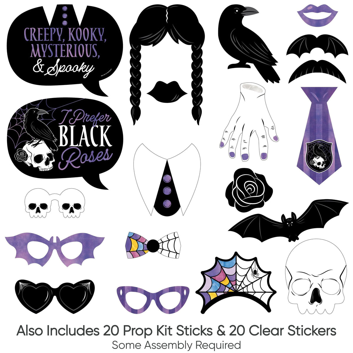 Big Dot of Happiness Goth Girl Photo Booth Props Kit, Black and Purple Halloween or Gothic Birthday Party Supplies - 20 Count Selfie Prop Sticks