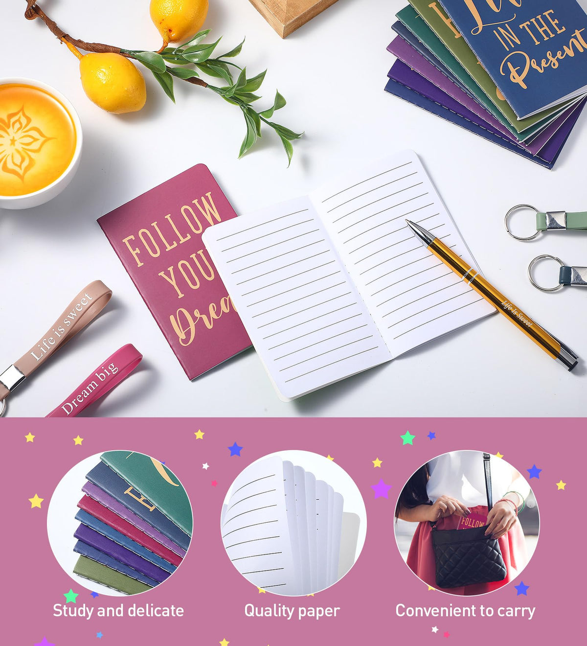 PerKoop 48 Pcs Inspirational Gifts Set Inspirational Quote Notepads 3 x 5 Inch Motivational Ballpoint Pens Keychains Bulk Colorful Journal Notebooks for School Office Party Favor Supplies