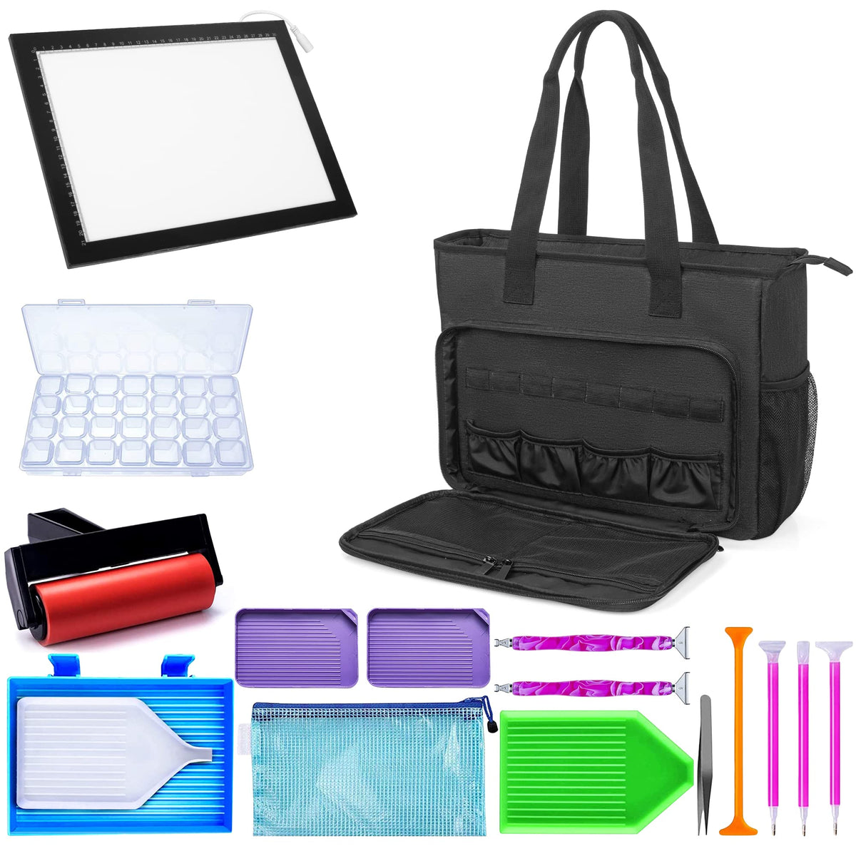 TORIBIO Diamond Painting Tote Bag with Padded Sleeve to Hold A4 Light Pad, Carrying Case for LED Light Pad & Diamond Art Tools/Accessories, 15.4"x12.2"x4.7", Black (Bag Only)