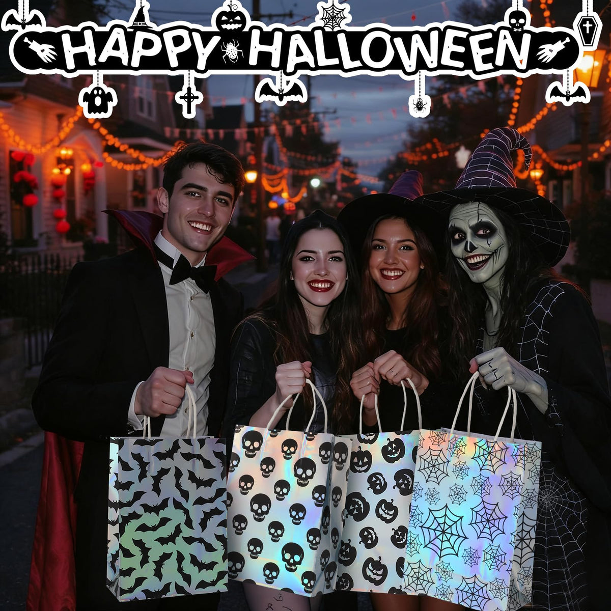 Paterr 24 Pcs Iridescent Halloween Paper Bags Holographic Bat Pumkin Skeletons Pumpkins Spider Webs Trick or Treat Reusable Gift Bags for Halloween Party Supplies Favors(Classic Patterns)