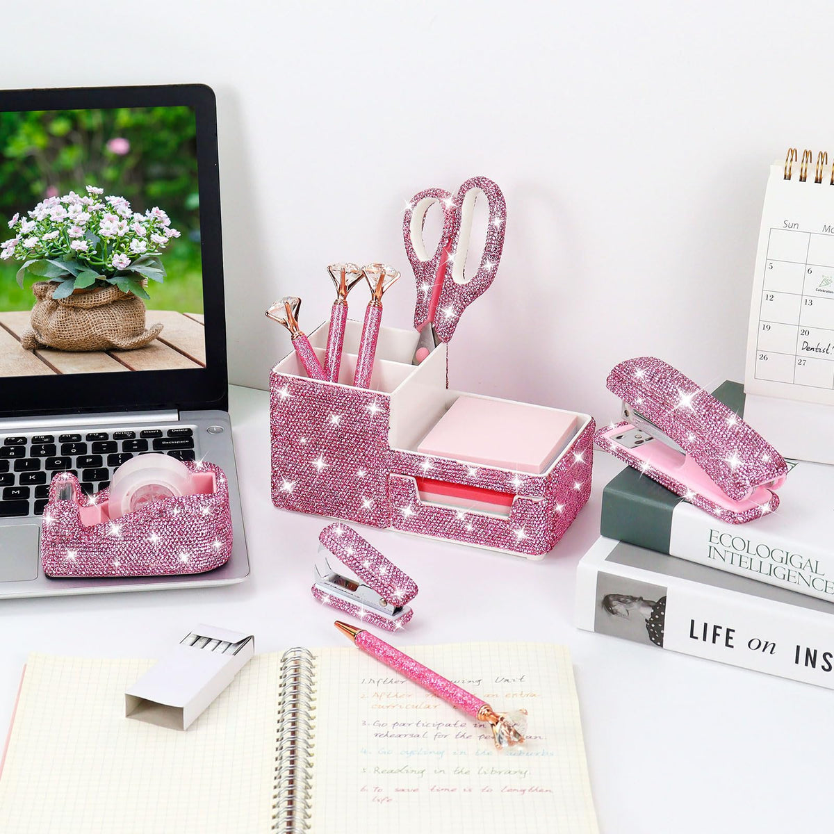 MultiBey 7 Pcs Pink Bling Rhinestone Desk Accessories Set, Crystal Office Stationery Kit with Stapler, Tape Dispenser, Scissors, Drawer Organizer - Glamorous Gift for Home School Office Supplies