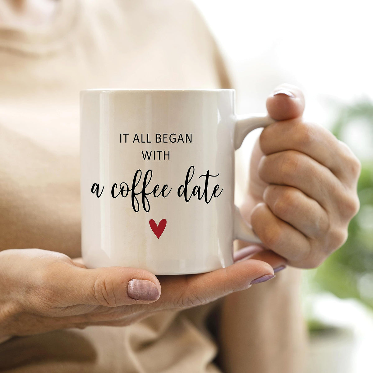 QASHWEY Valentines Day Coffee Mug, Girlfriend Gifts, Couple Gifts, Romantic Gifts for Her Him, Fiance Gifts for Her, Wedding Gifts Coffee Cups Ceramic 11oz, It All Began With a Coffee Date Tea Cup