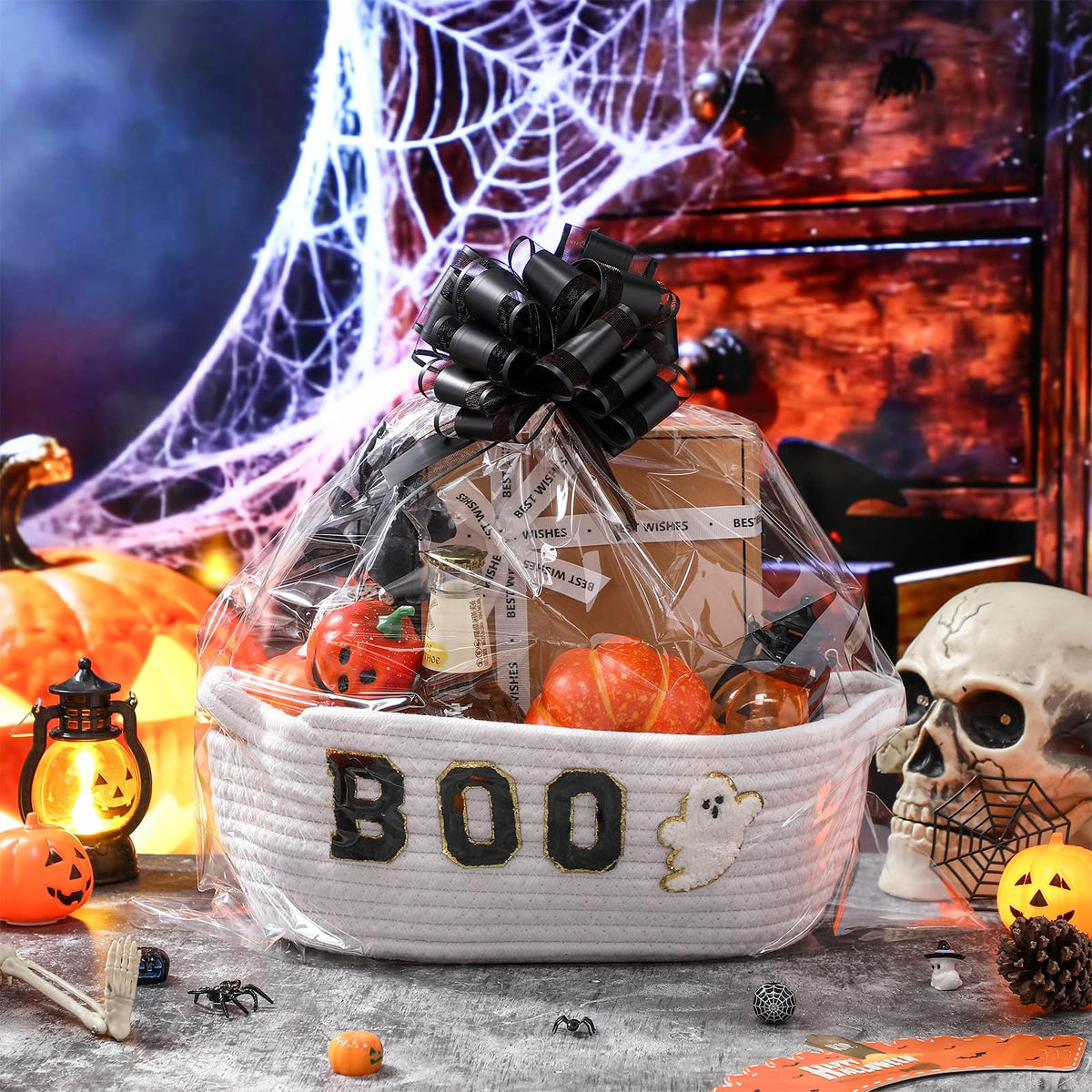 Acellegic 3 Sets Halloween Boo Basket for Gifts with Bows Ribbons Cute Boo Ghost Woven Candy Baskets Trick or Treat Bucket for Halloween Holiday Birthday Treat Wrapping Party Supplies (White)