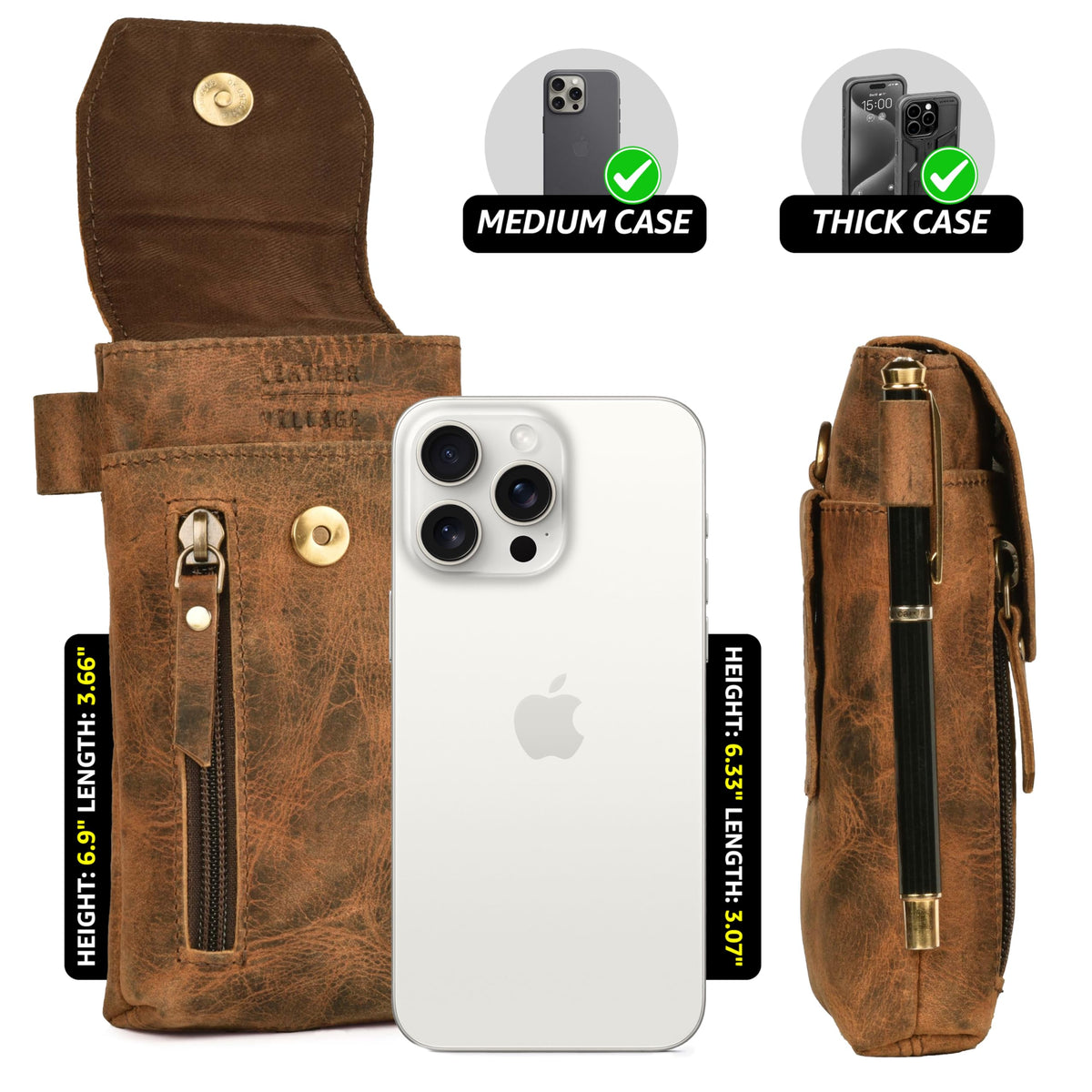 Leather Village Genuine Leather 7”x3.5” Phone Holster Pouch with Belt Clip, Magnetic Closure, ID Card Holder - Brown Universal Case for iPhone, Samsung Galaxy, Google Pixel