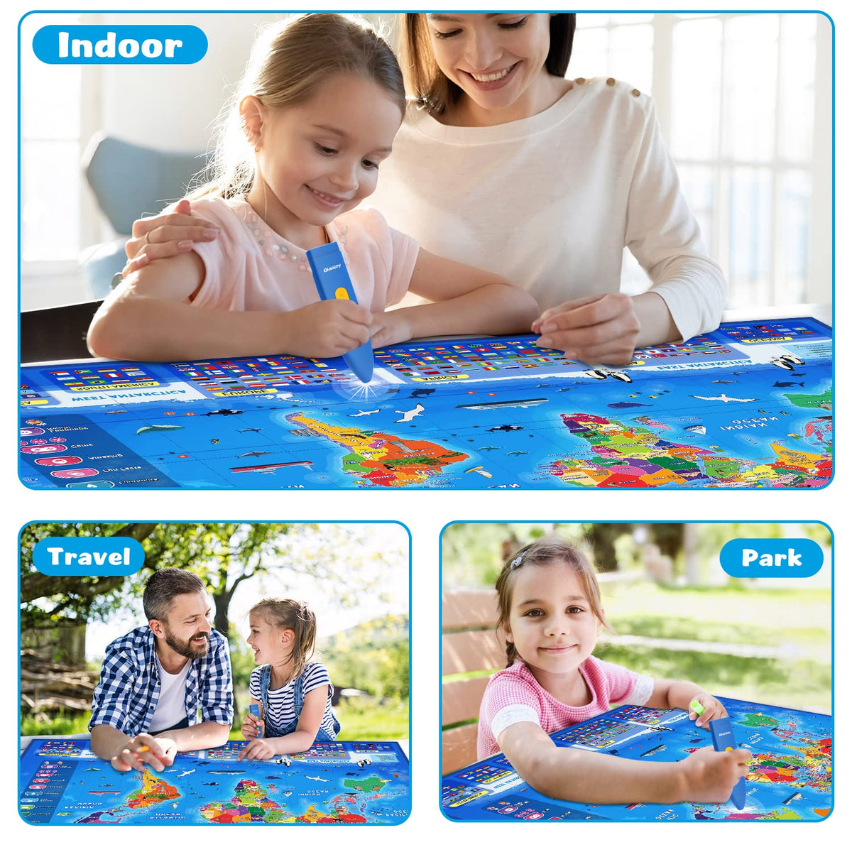 Qiaojoy Bilingual Interactive World Map for Kids Learning and Educational Toys, Talking Electronic Kids World Map i-Poster Geography Games Ages 3 to 12 Years Old, Custom Talking Birthday Gifts Card