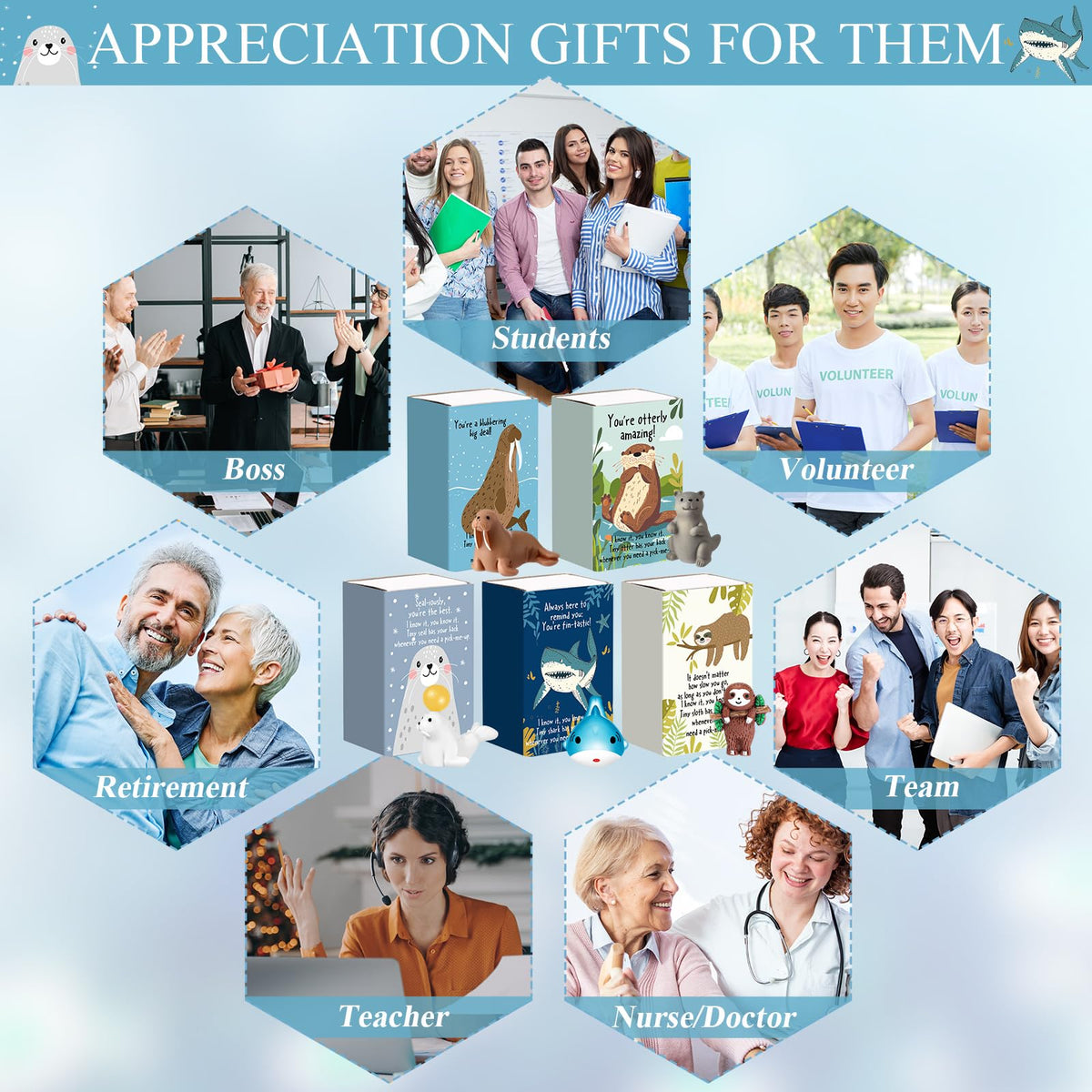 Cinnvoice 50 Set Bulk Gifts for Mothers Day Teacher Appreciation Gifts Nurse Week Employee Coworker Graduation Emotional Support Cute Resin Mini Ornaments Desk Pets Thank You Card Box (Sloth)