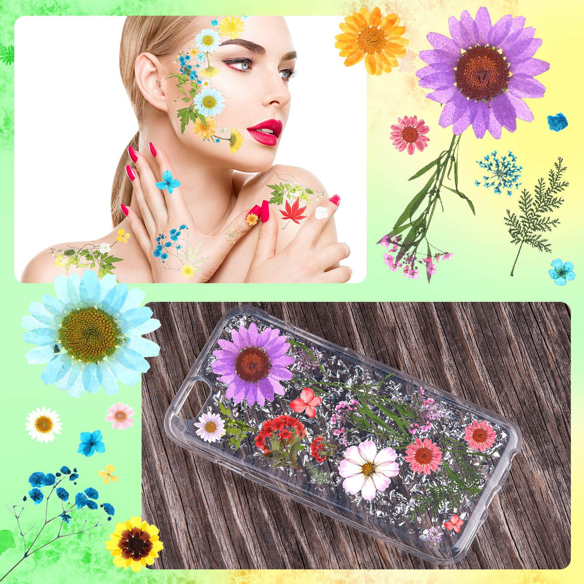 110 Pcs Dried Pressed Flowers for Resin, Real Dry Daisy Flowers and Leaves Bulk with Tweezers and Box Set, Art Crafts Resin Jewelry Making Scrapbook DIY Supplies Card, Soap, Candle Making, Nail Decor