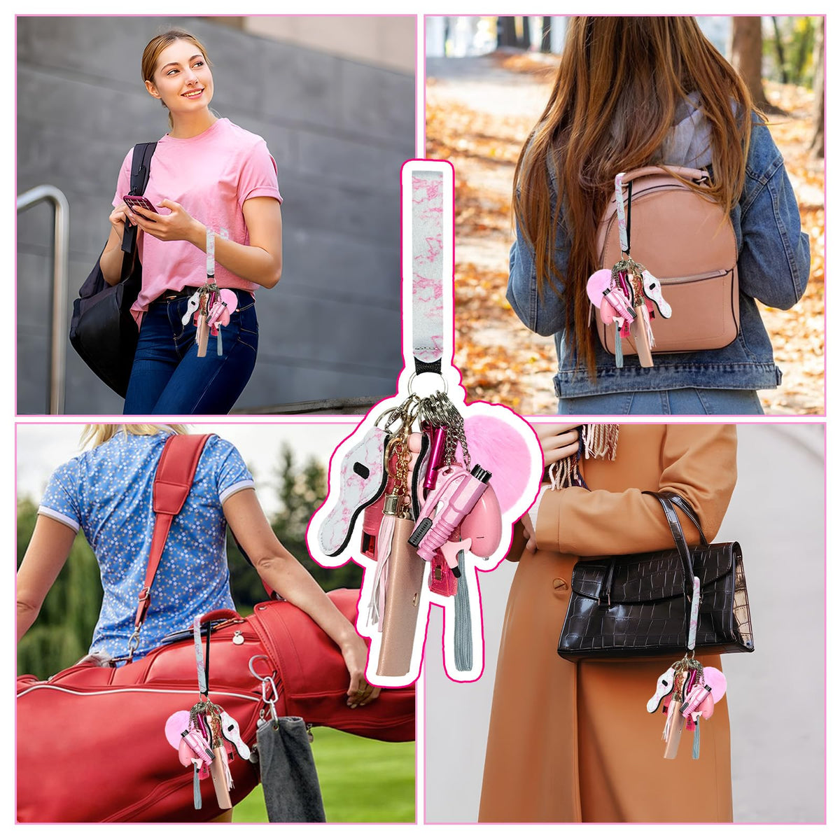 Jsngbse Safety Keychain Set for Women, Wristlet Keychain for Women with Bottle Opener, Card Holder, Wristlet Strap, Whistle, Travel Bottle Holder, Bracelet Safety Keychains for Accessories Kit