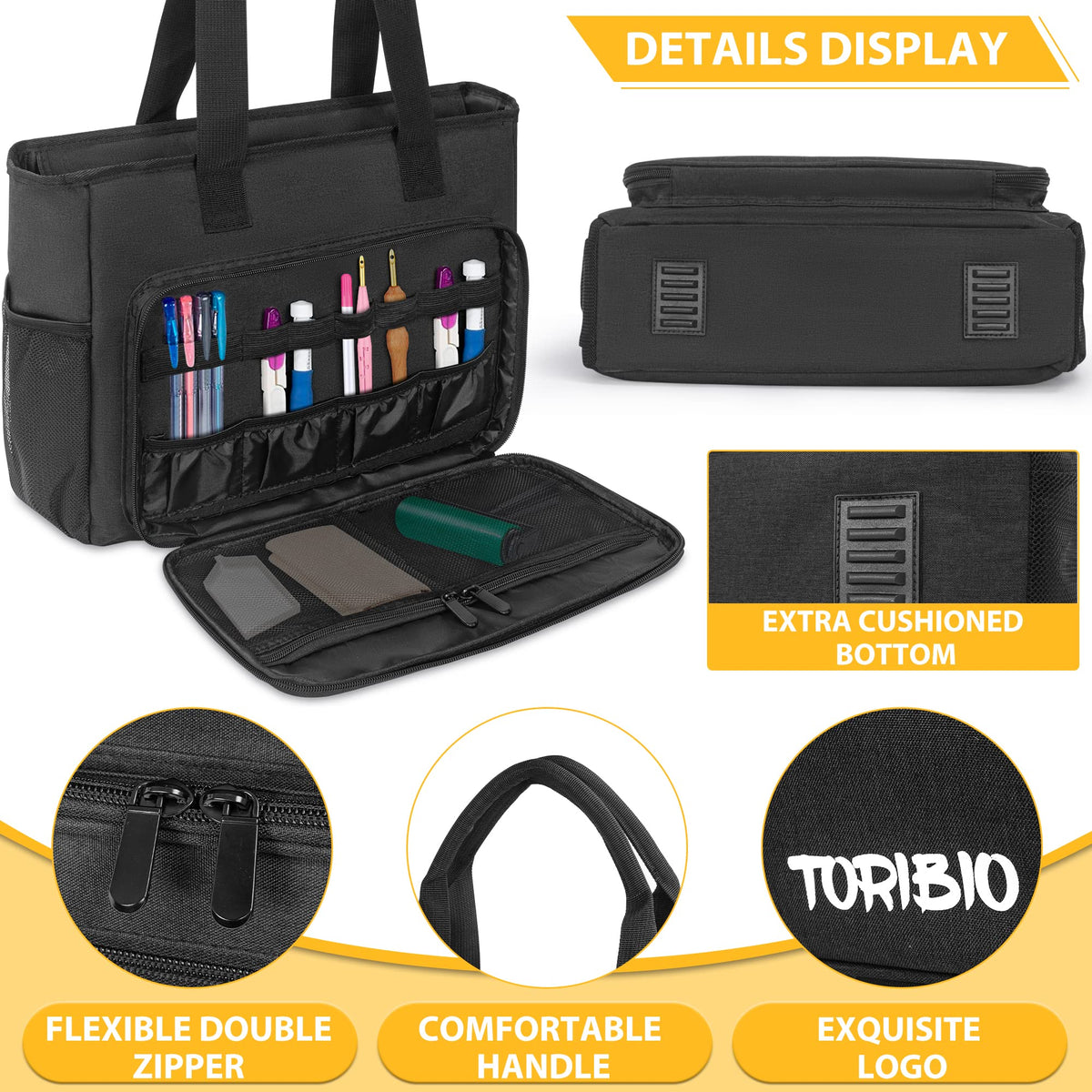 TORIBIO Diamond Painting Tote Bag with Padded Sleeve to Hold A4 Light Pad, Carrying Case for LED Light Pad & Diamond Art Tools/Accessories, 15.4"x12.2"x4.7", Black (Bag Only)