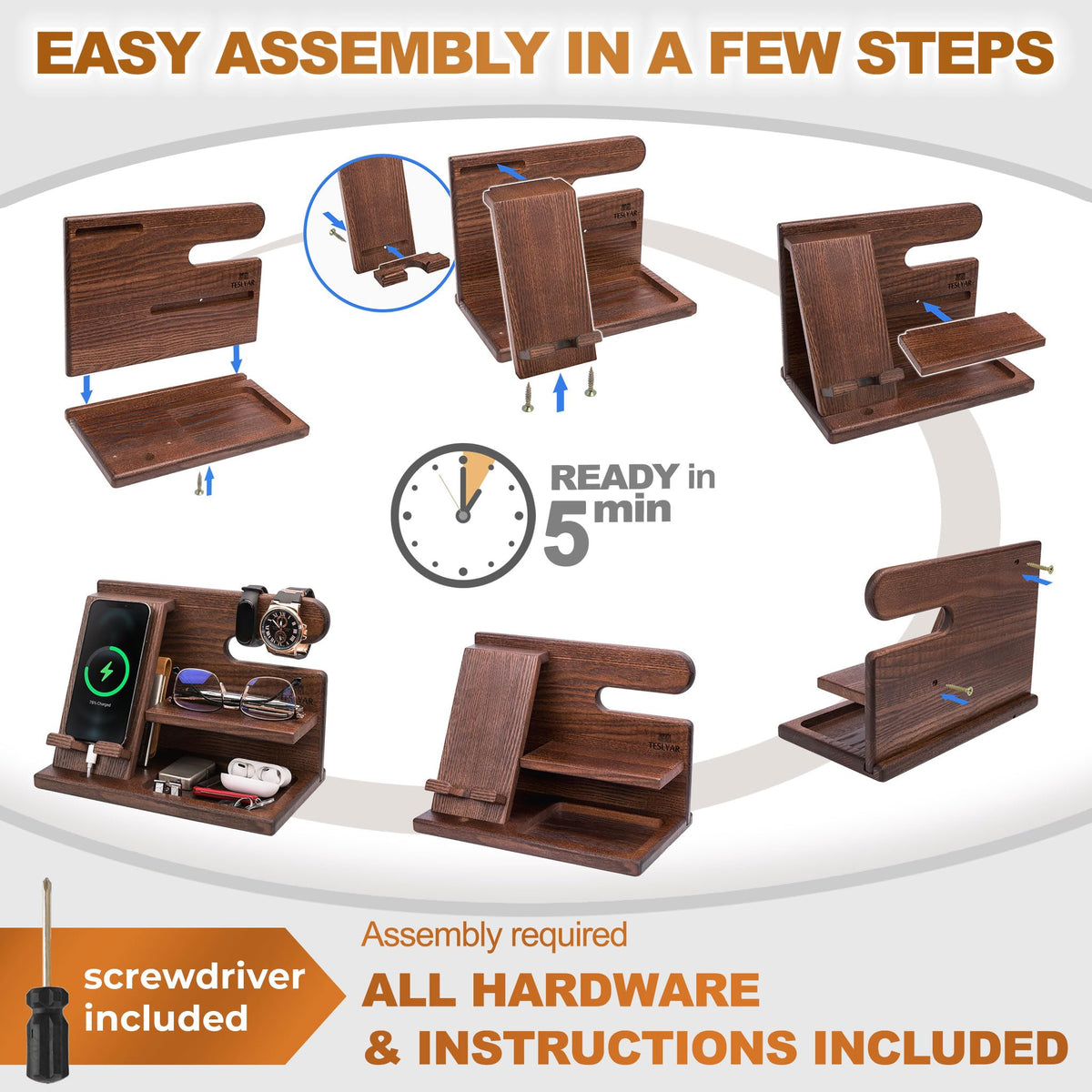 TESLYAR Wood Phone Docking Station for Men - Desktop or Nightstand Organizer - Birthday Gifts for Men, Dad - Anniversary Idea from Wife - Key Holder, Stand Wallet, Watch & Essentials (Bourbon Brown)