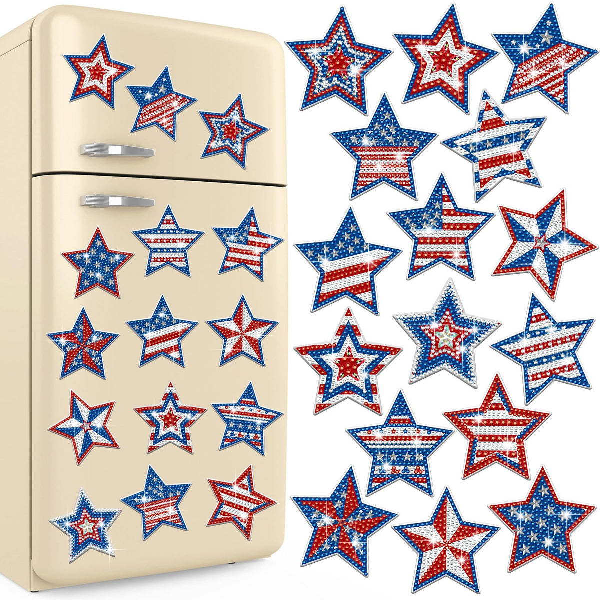 Umigy 16 Pcs 4th of July Patriotic Star Diamond Painting Magnets Refrigerator 250th Anniversary Memorial Day Diamond Art Kits USA Red Blue White Independence Day DIY Art Kits for Adults Beginner Craft