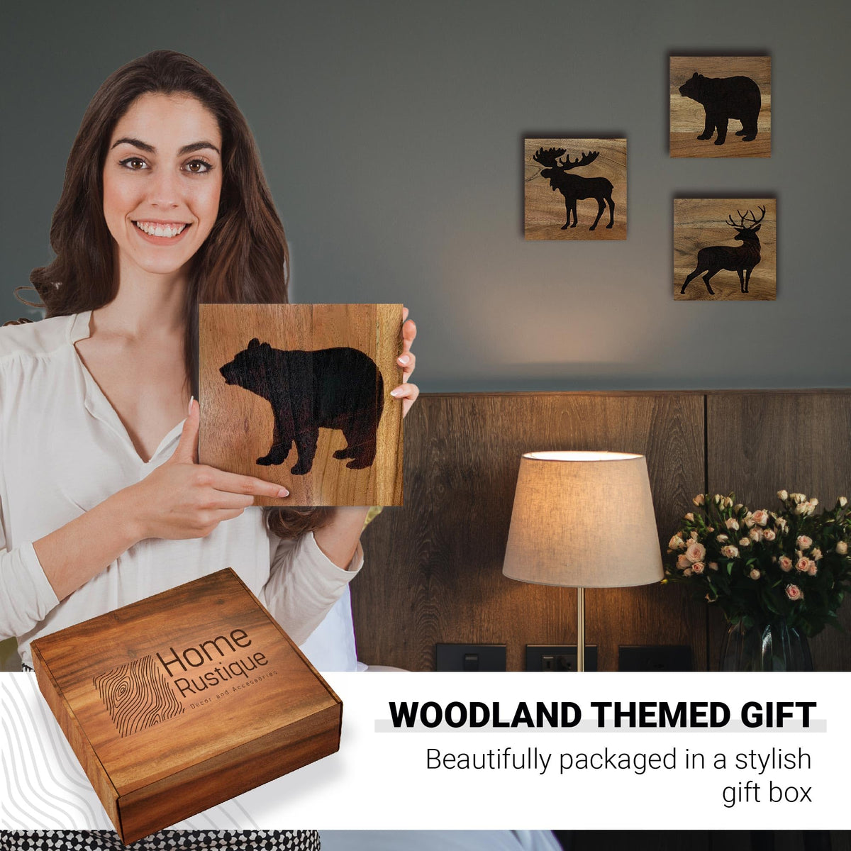 HomeRustique Real Wooden Cabin Decor with Bear, Deer and Moose (Set of 3) - Woodland Rustic Cabin Wall Decor & Art for Home, Living Room, Hunting Theme, Mountain Lodge or Bathroom
