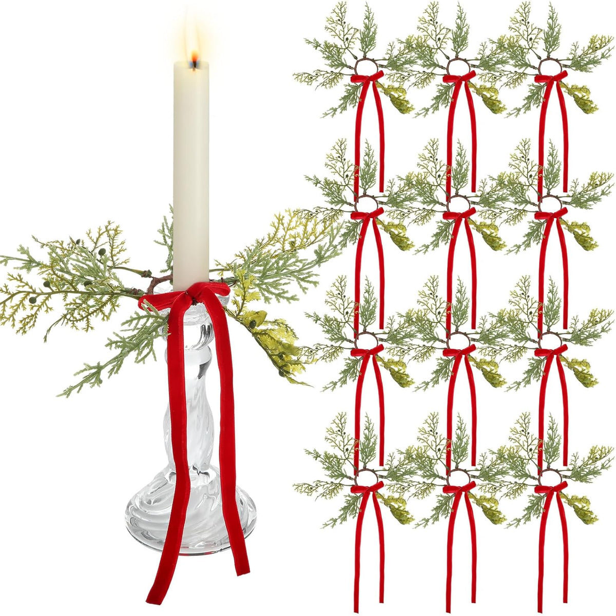 Suncalla Christmas Pine Taper Candle Rings - 12 Pcs Velvet Bow Mini Holders | 1.38 Inch Burgundy Decor