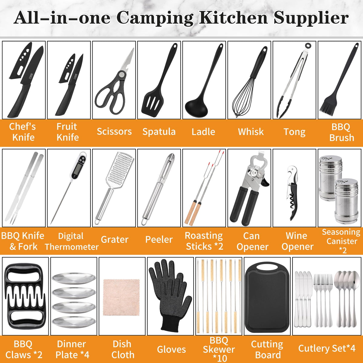 Camping Essentials Cookware Cooking Utensils Set - Portable Camp Kitchen Mess Kit Outdoor Accessories, Stainless Steel & Silicone, Camping Gear Equipment for RV Picnic Grill,Brown Pro