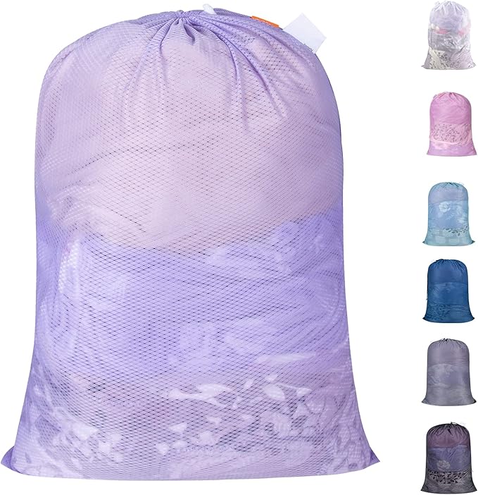 Polecasa Heavy Duty Diamond Large Mesh Laundry Bag with ID Tag and Locking Drawstring Closure - 24 x 36 inches - Laundry Hamper Liner, Washable Laundry Bags for Travel, Sports, Dorms (Purple)