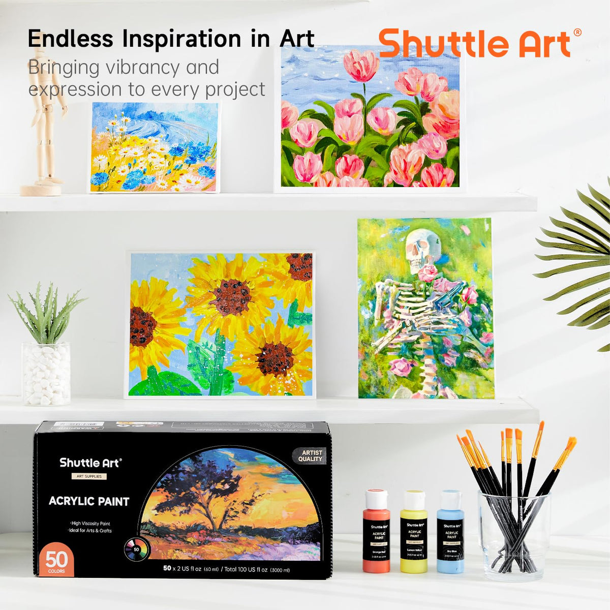 Shuttle Art Acrylic Paint, 50 Colors Acrylic Paint Set, 2oz/60ml Bottles, Rich Pigments, Water Proof, Premium for Artists, Beginners and Kids on Canvas Rocks Wood Ceramic Fabric