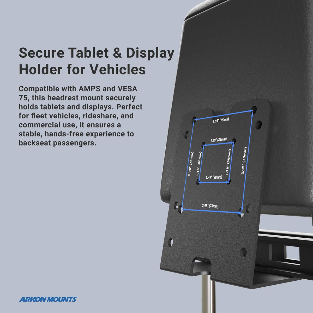 ARKON 2-Post 4-Hole 75 Mounts Taxi Headrest Mount for Tablet, Mobile Printer, or Payment Terminal, Heavy Duty Metal
