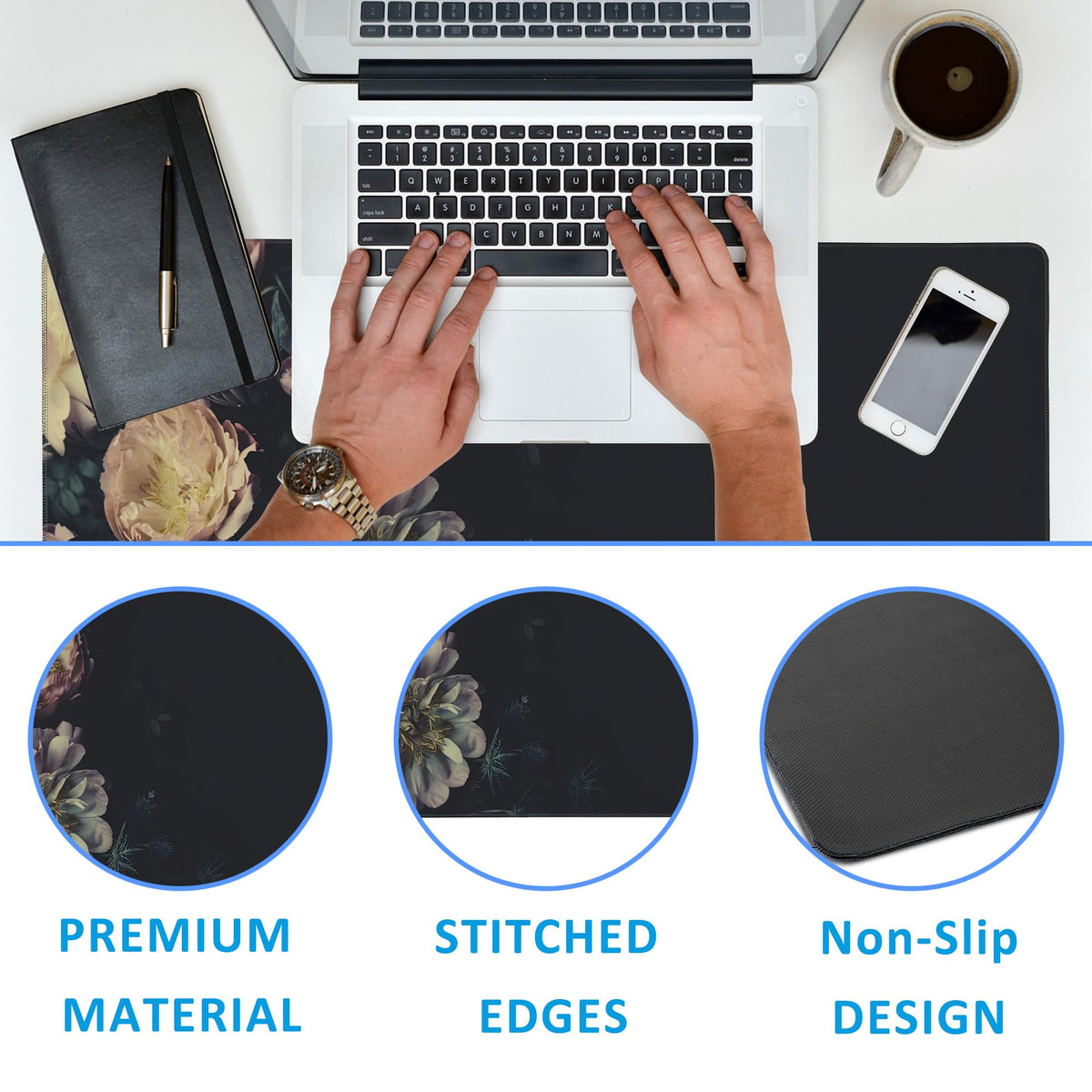 EOBKLAX Mouse Pad,Vintage Peonies Desk Mat for Desktop,Desk Pad with Non-Slip Base and Stitched Edge,Extended Mousepad for Office and Home 35.4X15.7 Inch