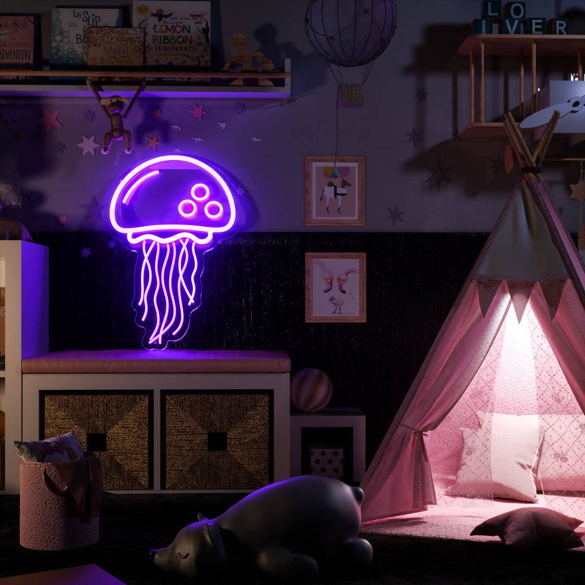 Jellyfish Neon signs for wall decor,Powered by USB Purple LED Neon Light Sign，3D Art Aesthetic Jelly Fish Neon Sign for Birthday Party,Jellyfish Decor, Kids Gifts