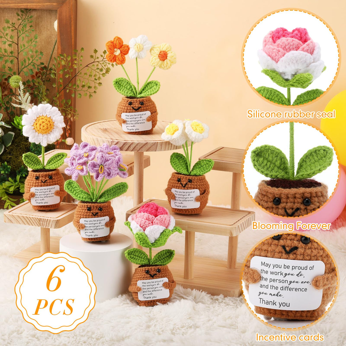 Geelin 6 Sets Positive Employee Appreciation Mini Crochet Flower Potted Doll with Card Emotional Rose Daisy Crochet Support Thank You Plants May You Positive Gift for Women Coworker Employee Teacher
