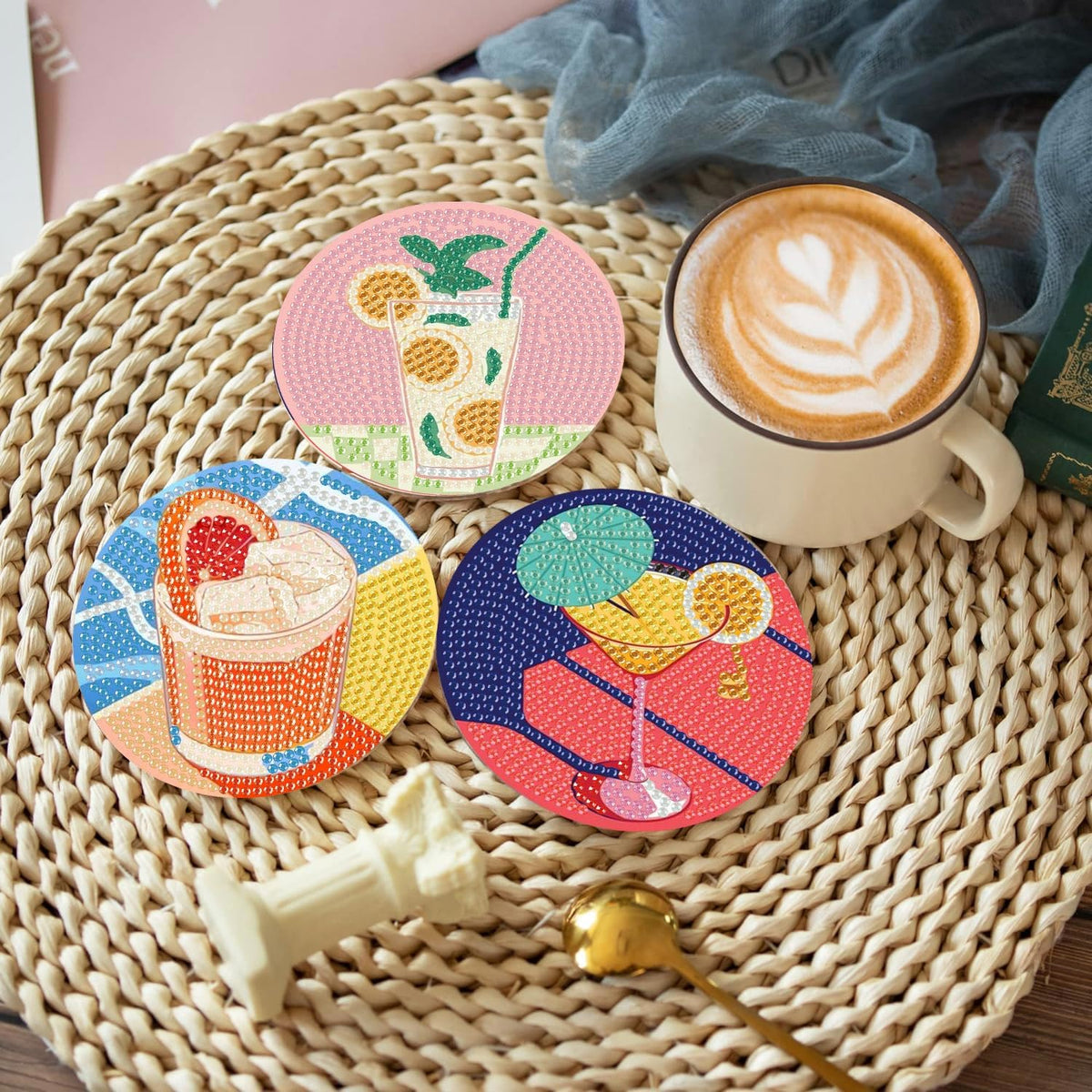 CAMOYAI 8 pcs Diamond Art Coasters Kits with Holder, DIY 5D Retro Cocktail Diamond Painting Coasters,Diamond Art Kits for Adults Beginners