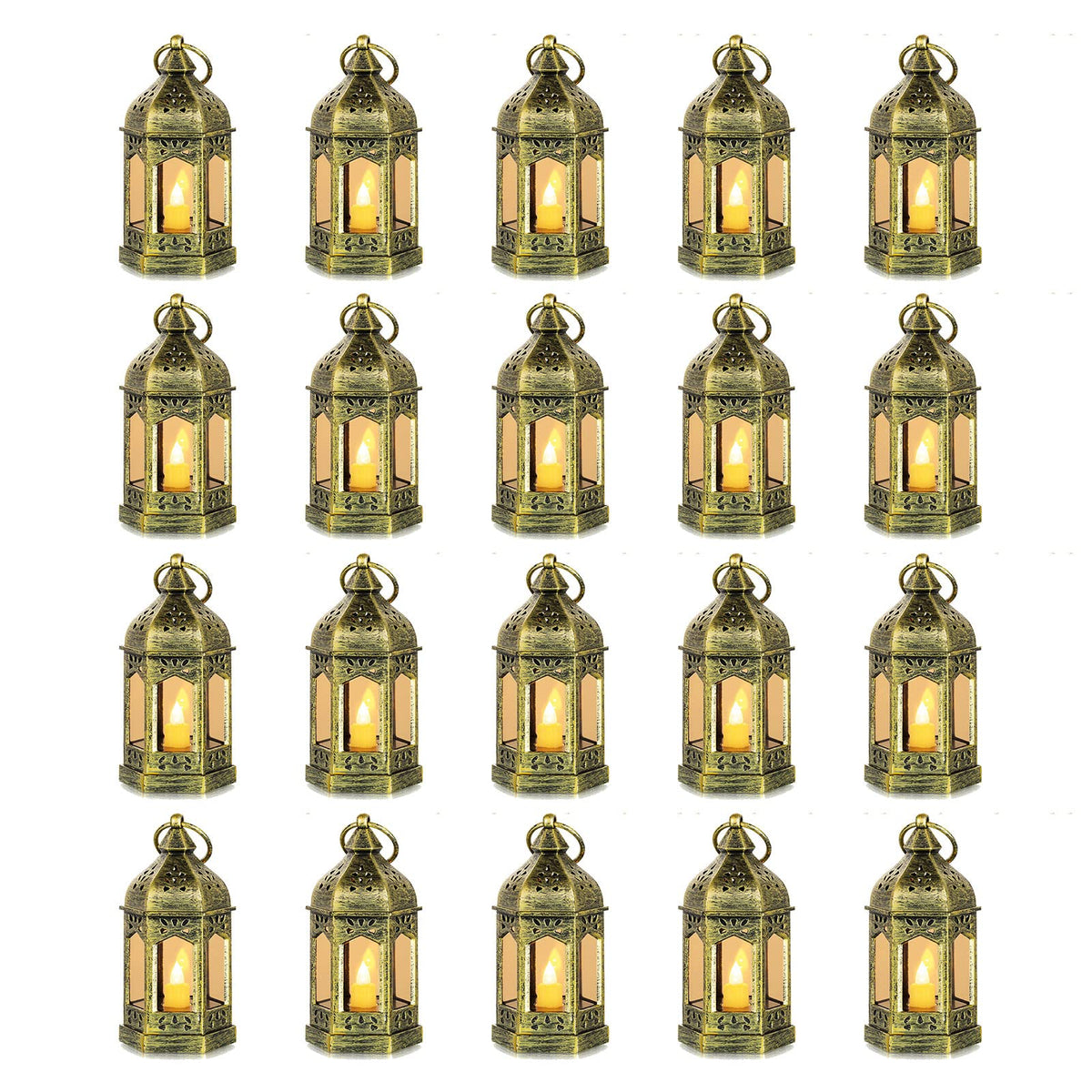 Mini Lanterns Decorative for Wedding Centerpiece - 20 Pcs Romadedi Hanging Small Gold Lantern Bulk with Flickering LED Candles for Halloween Decorations, Christmas Table Decor, Batteries Included