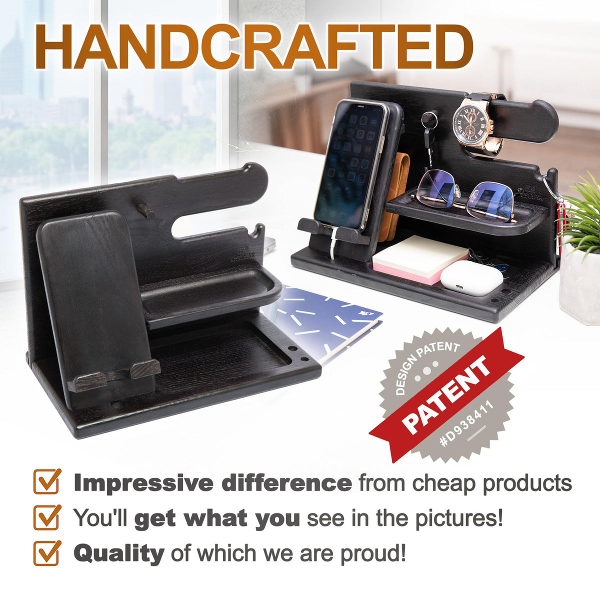 TESLYAR Wood Phone Docking Station for Men - Desk or Nightstand Organizer - Birthday Gifts for Husband, Dad - Anniversary Idea from Wife - Key Holder, Stand Wallet, Watch & Essentials (Granite Black)