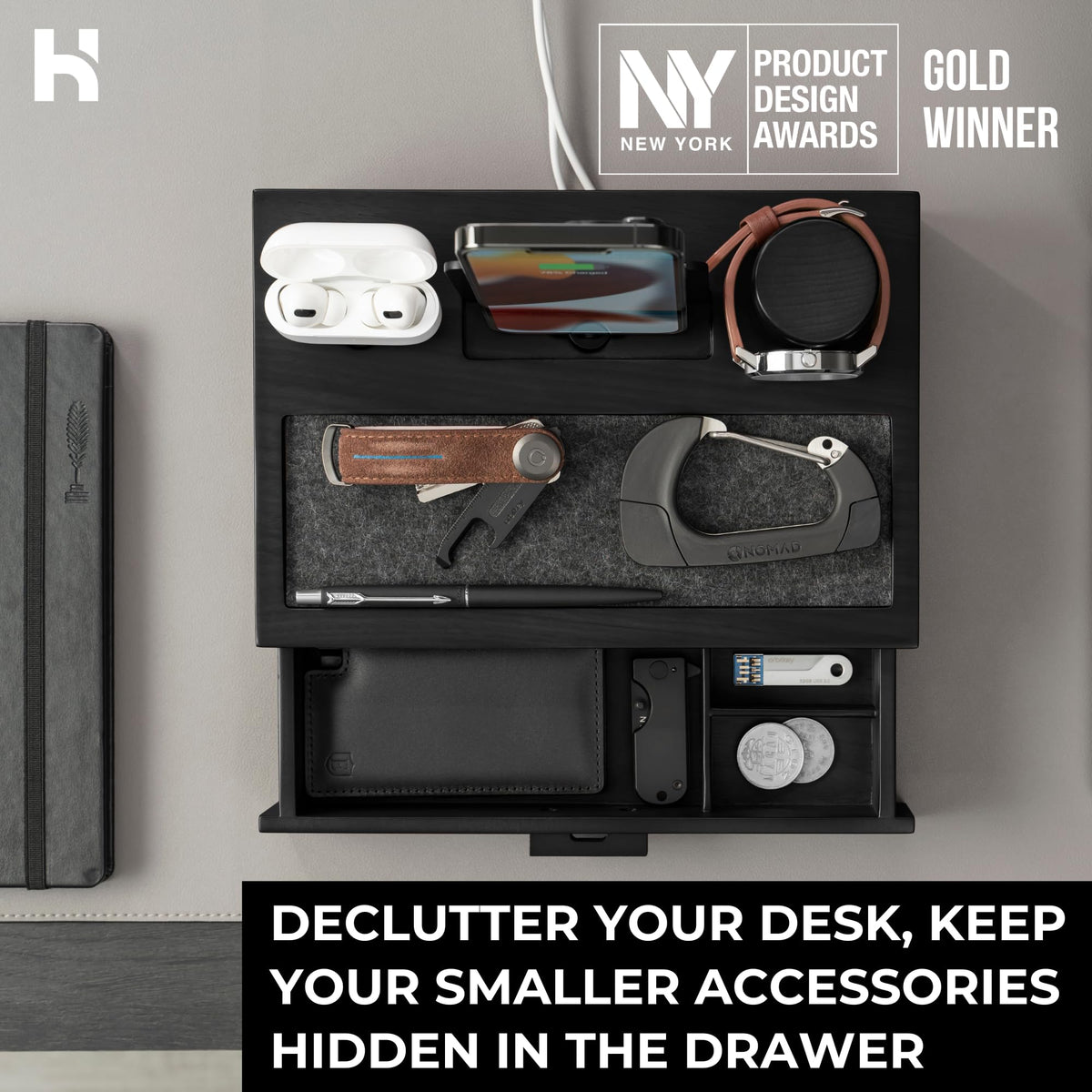 Holme & Hadfield Premium Wooden Phone Docking Station with Drawer – Nightstand Organizer for Charging Phone & Earbuds – Declutter Your Space with Felt-Lined Protection & Watch Pillar – Gift For Men