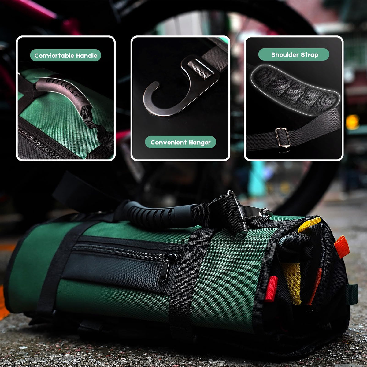 Faoyoon Heavy Duty Roll Up Tool Bag, Heavy Duty See-Through Tool Roll Organizer, 5 Color Coded Detachable Pouches & Wrench Roll, Portable Mechanic & Motorcycle Tool Bag, Birthday & Father’s Day Gift