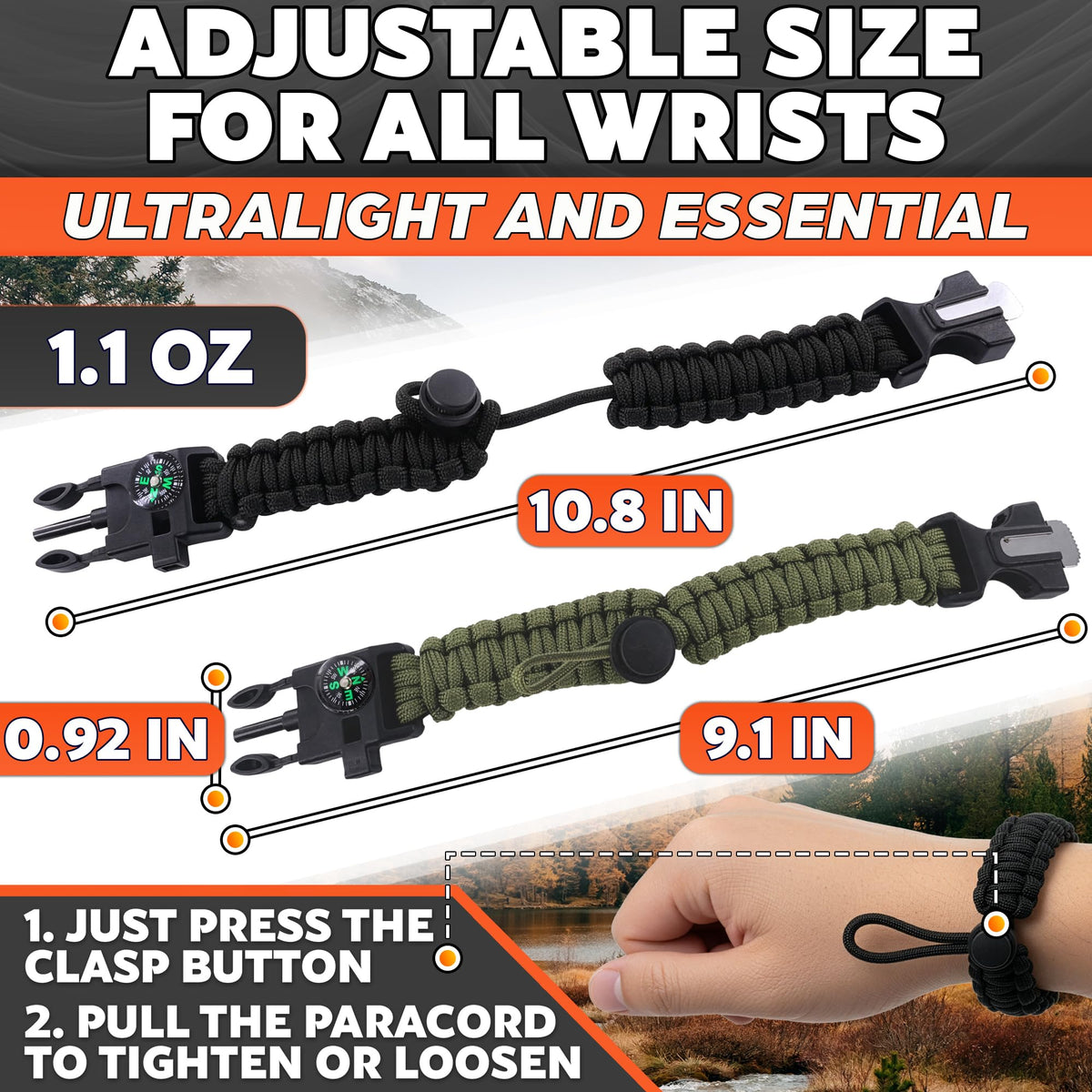 Paracord Bracelets for Men and Women – Adjustable Survival Paracord Bracelet with 11.8 ft Nylon Cord, Flint Fire Starter, Compass, Whistle & Scraper – Camping, Hiking, Fishing Gear (Black & Khaki)