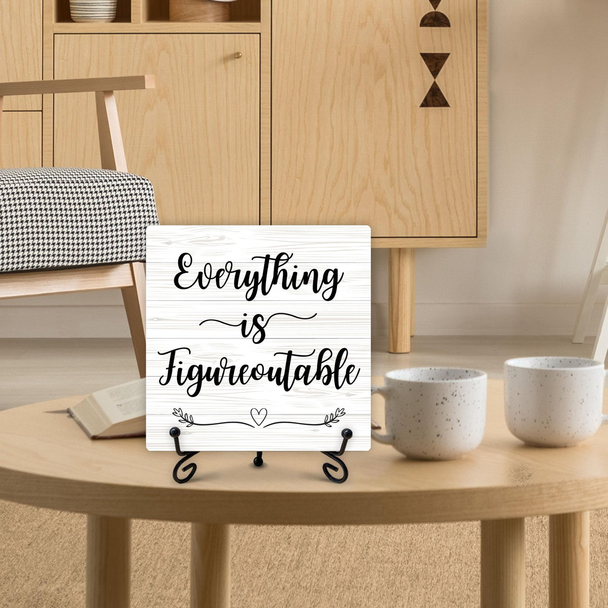 Inspirational Office Gifts for Women, White Desk Decor, Everything Is Figureoutable Wooden Sign with Stand, Birthday Gifts for Men Friends Coworkers, Motivational Office Decor, 5"x5"-A02