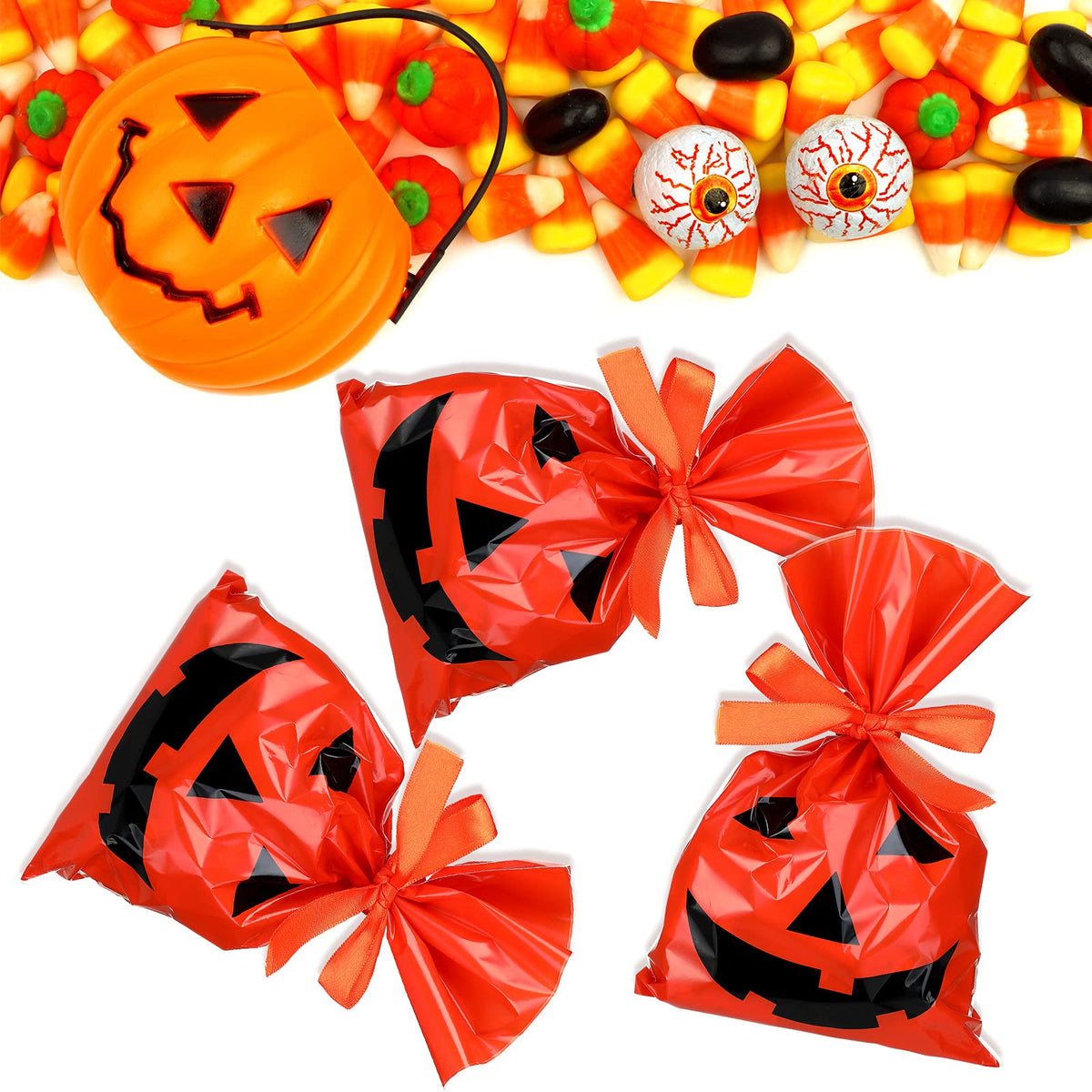 Tenare 100 Pcs Halloween Cellophane Pumpkin Treat Bags Jack O Lantern Orange Candy Bags Plastic Pumpkin Smile Goodies Gift Decor with Gold Twist Ties for Dessert Halloween Party Favors, 6 x 9 Inch