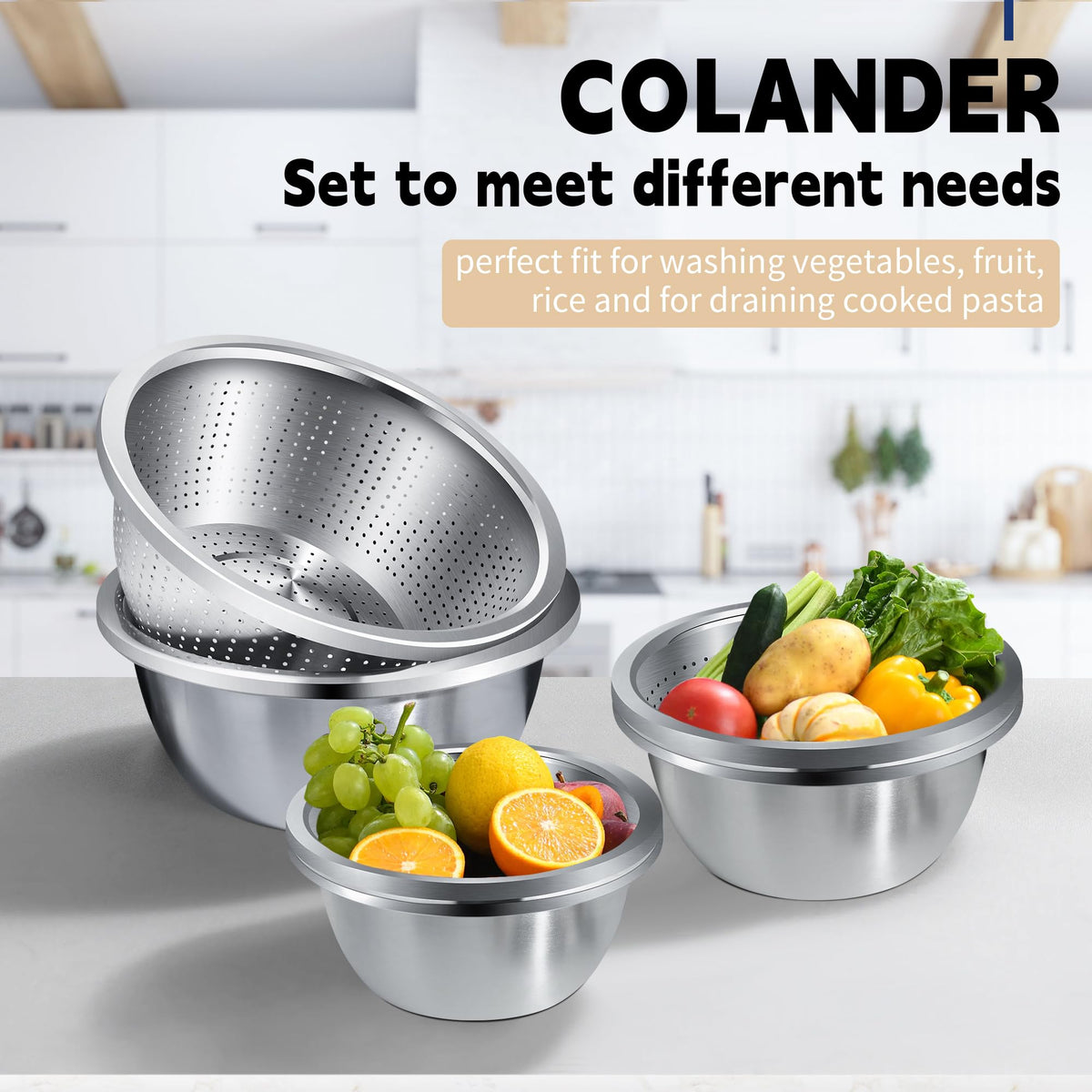 Colander 304 Stainless Steel 3-quart with Mixing Bowls, Strainer for Kitchen Food For washing vegetables, fruit, rice, Dishwasher Safe. (2PC)
