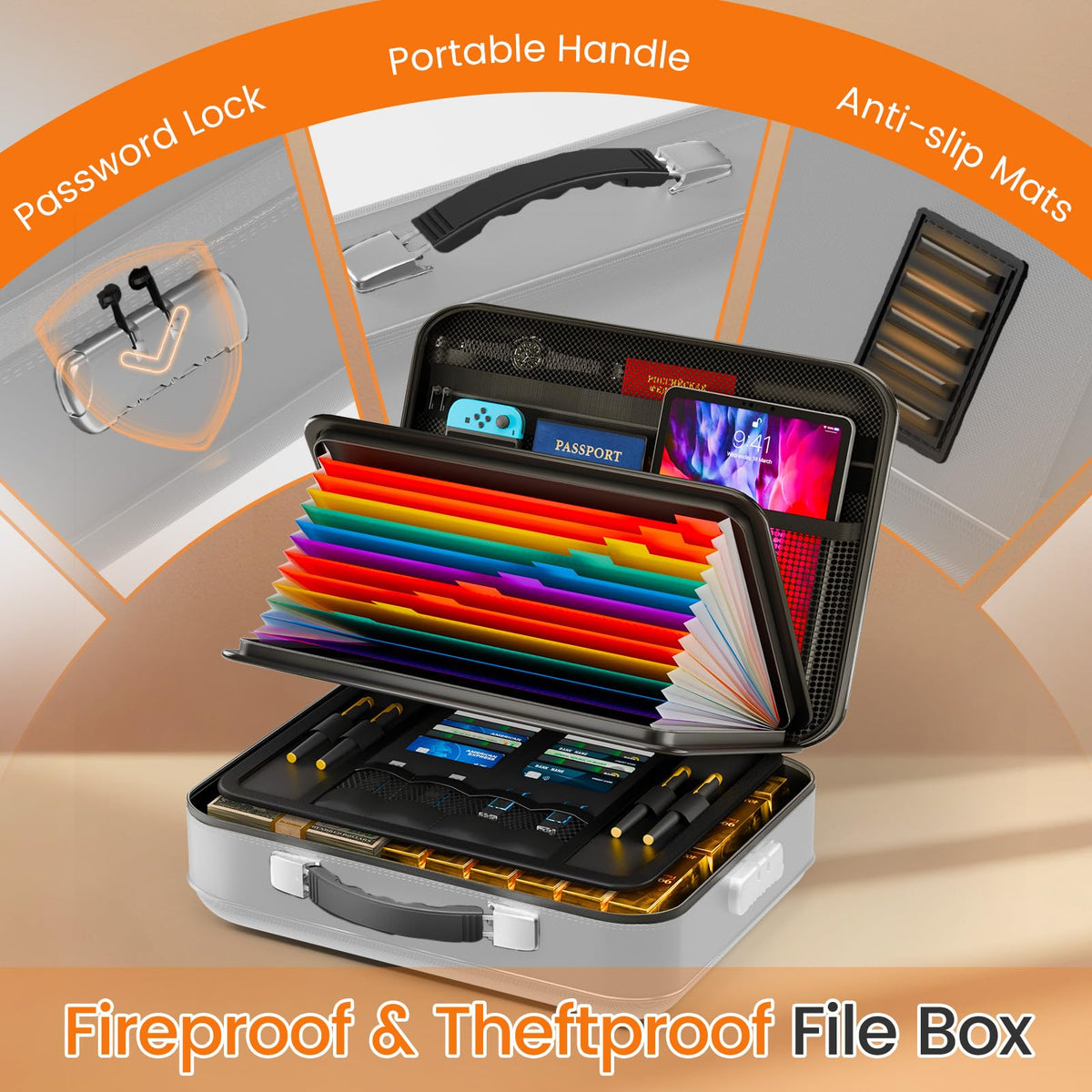 Fireproof Document Box with Lock, 5200°F Fireproof Water Resistant Hard Case File Organizer Safe Box for Important Documents, Certificates, Laptop, Passports (Sliver)