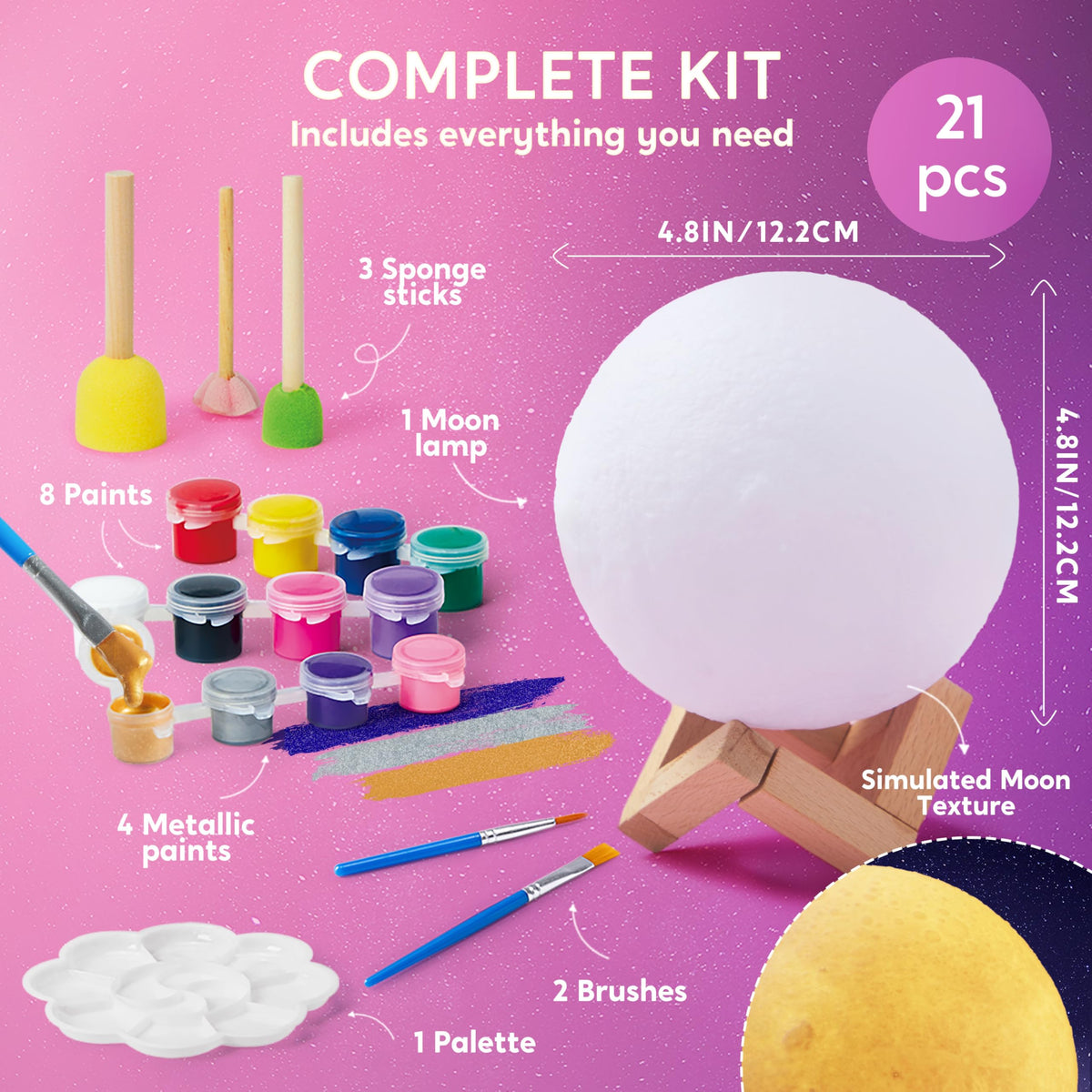 Klever Kits DIY 3D Moon Night Light, Paint Your Own Moon Lamp Kit Galaxy Lamp Arts and Crafts Kit, School Activities, Birthday Gifts for Kids Girls Boys