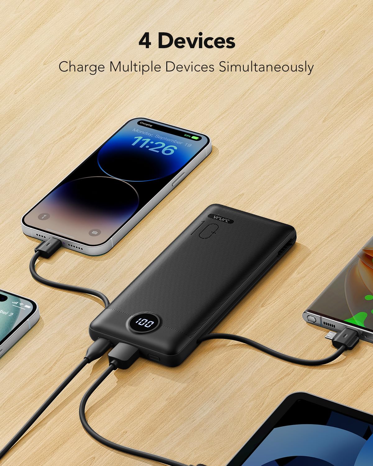 Portable Charger,Power Bank Built-in Cables and AC Wall Plug,VRURC USB C Portable Bank 10000mAh,Travel Essentials Phone Charger Compact Lightweight External Battery Pack for Smart Phones,Tablets-Black