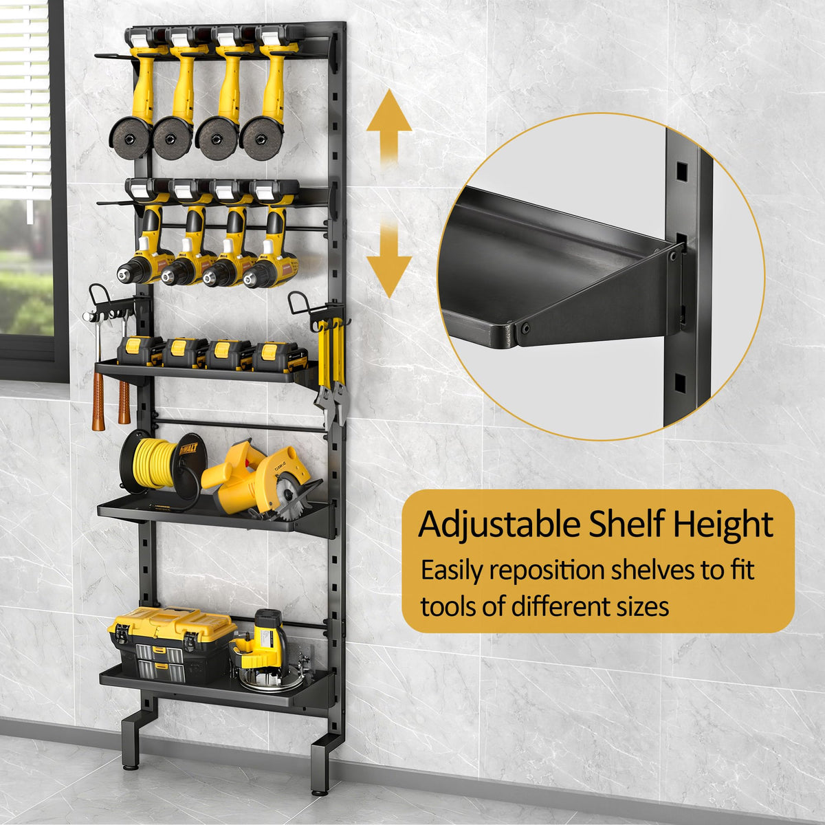 BUKFEN Garage Tool Storage Rack, Wall Mount 5-Tier Heavy Duty Metal Organizer with 8 Drill Holder Slots, Adjustable Shelves, Side Hooks Workshop Utility 1 Pack Black Vertical Space-Saving Organization
