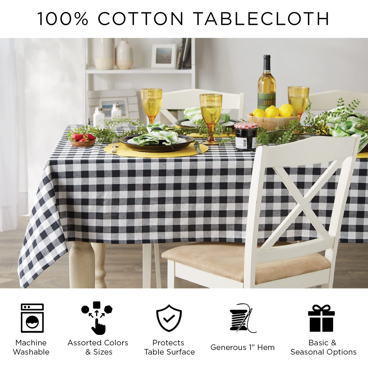 DII Damask Cotton Tablecloth, 70" Round, Black