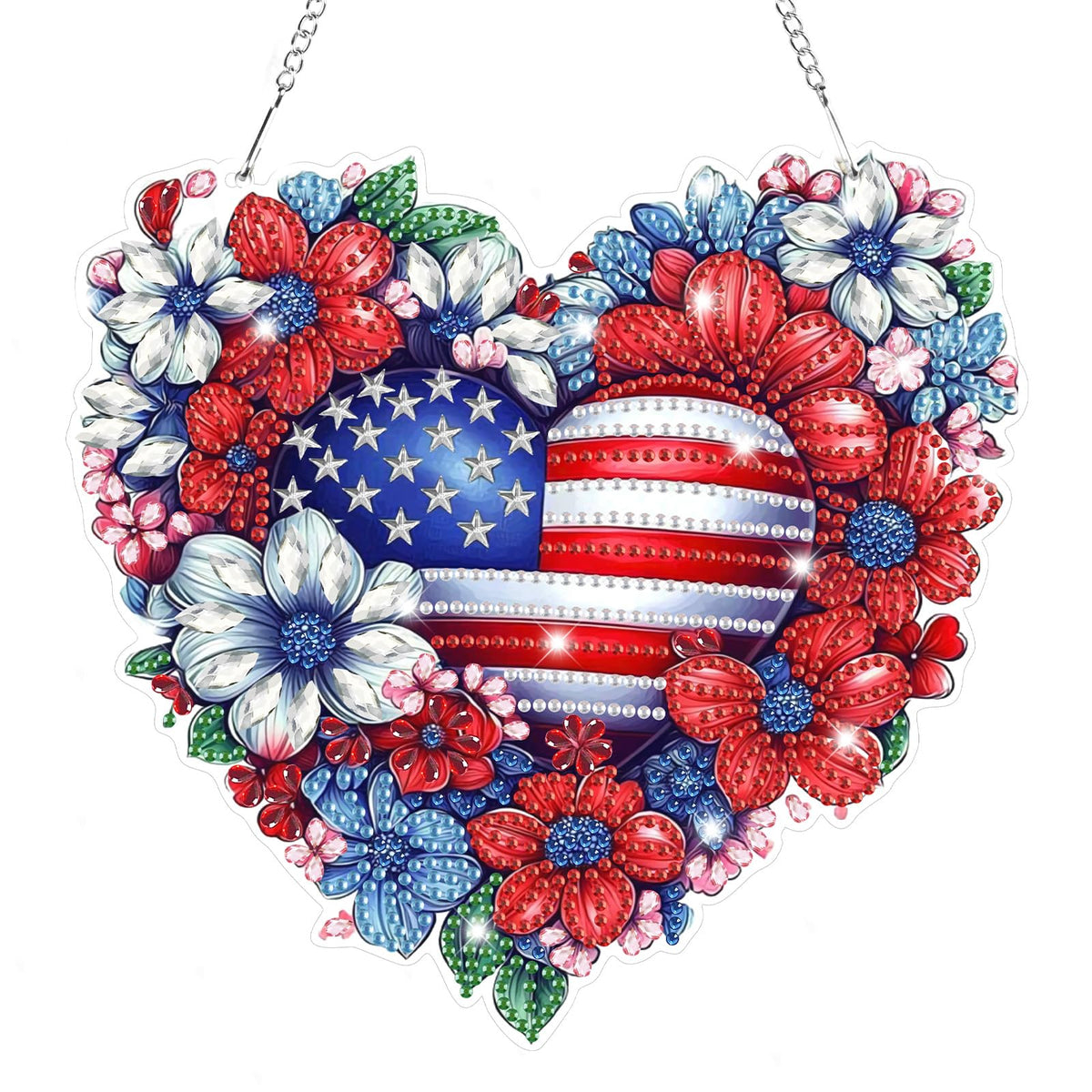 Bowetile 5D Patriotic Diamond Art Hanging Kits for Adults, Diamond Painting Heart Shape Flowers Pendant Kits, Special Shape USA Flag Gem Art Suncatcher Ornament for Home Window Wall Decor
