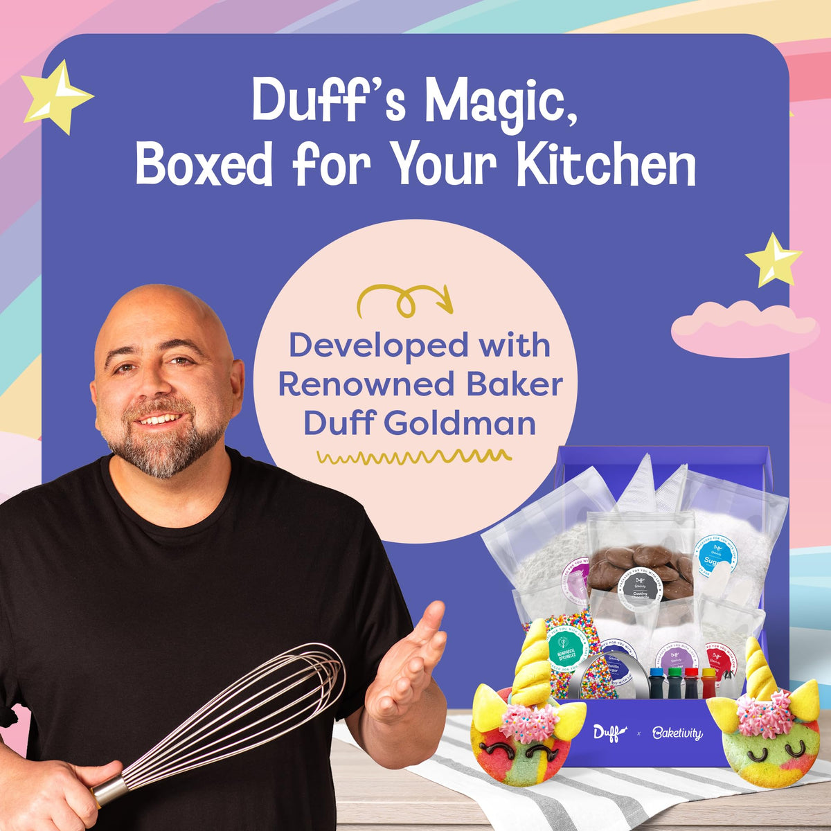 Baketivity x Duff Goldman Unicorn Cookies - Kids Baking Kit - Cooking Kits with Premeasured Ingredients, Decorating Supplies, STEM Activities - Kids Baking Sets for Girls, Boys Ages 6-12