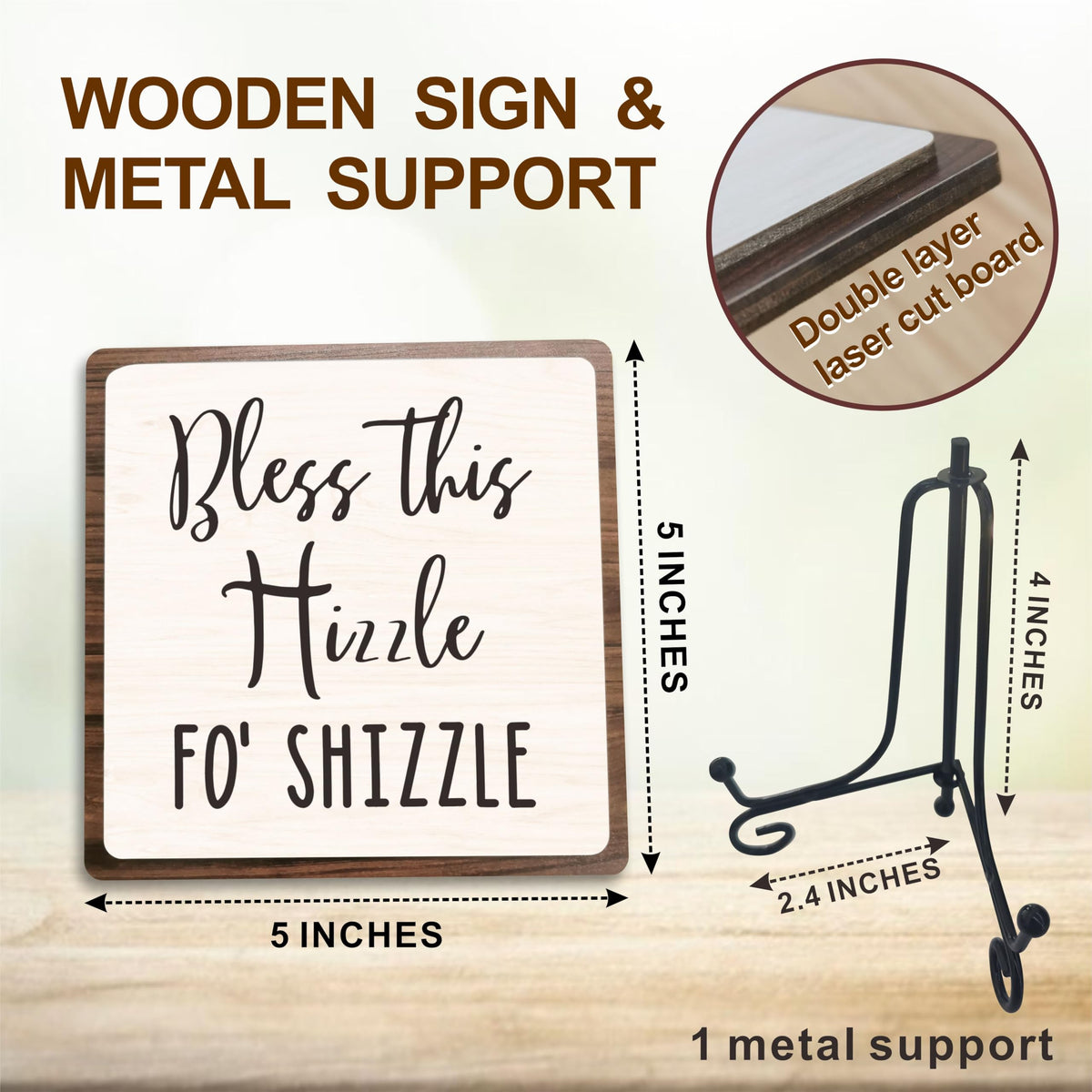 5"X5” Wooden Sign Gift - Bless This Hizzle Fo' Shizzle Wooden Plaque, Motivational Quotes Combined Wood Sign, Desk Decor Home Office Decoration & Gifts - A19
